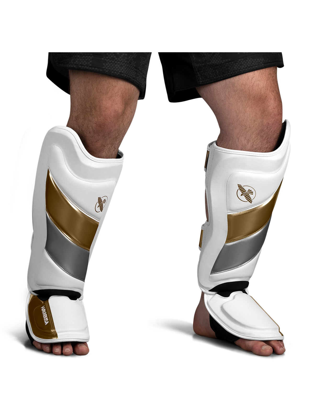 Hayabusa T3 Striking Shin Guards, white/gold, feature graphic