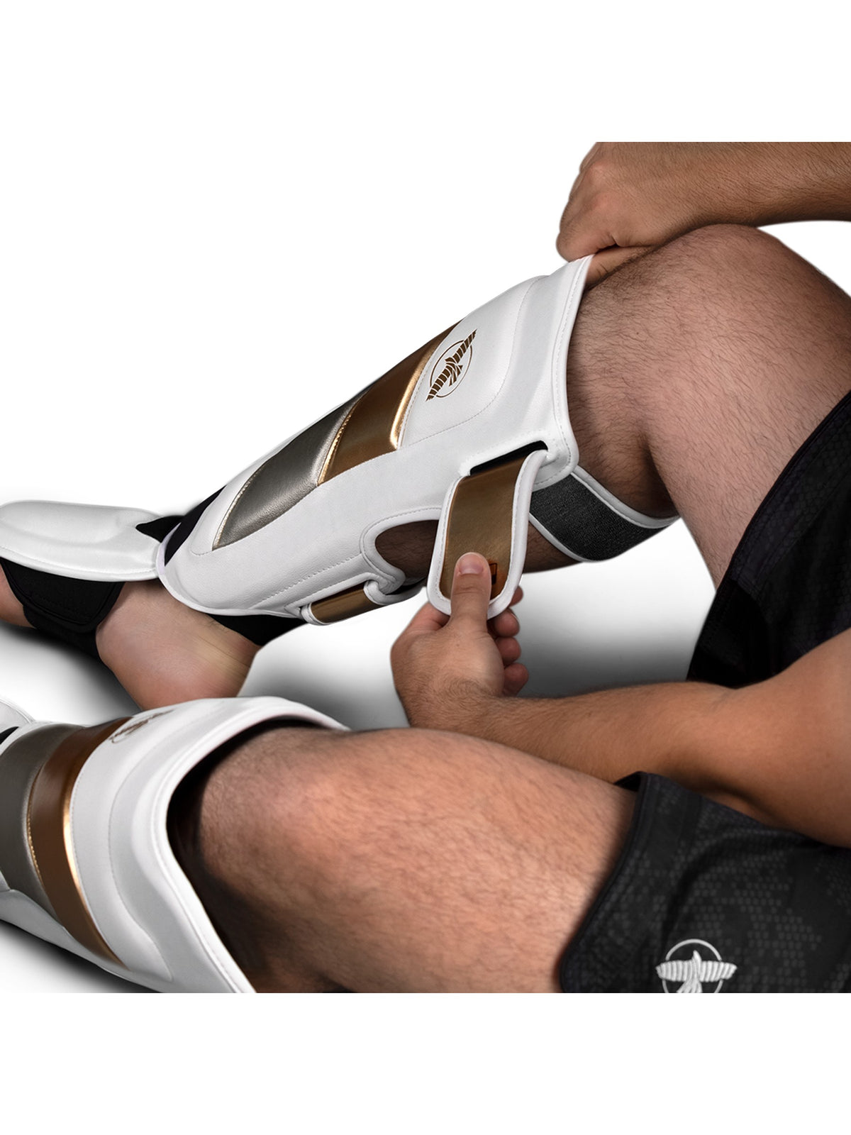 Hayabusa T3 Striking Shin Guards, white/gold, image 4