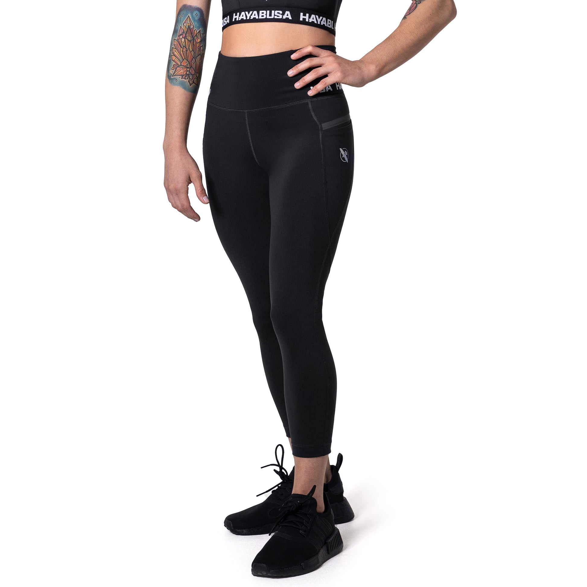 Hayabusa Women's High Rise 3/4 Leggings – Black 3/4 View