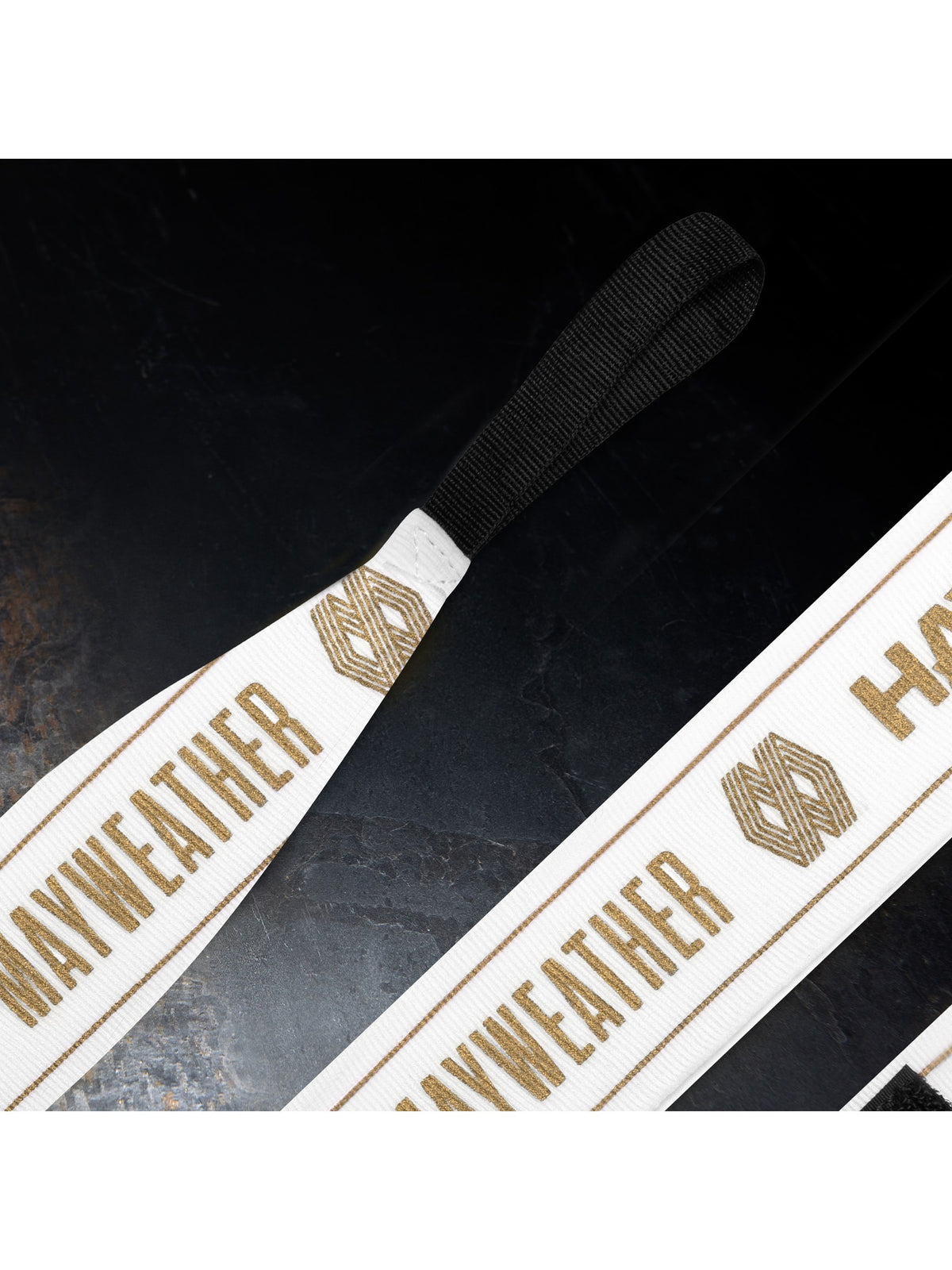 Mayweather 180" Stretch Hand Wraps, white/gold, feature graphic