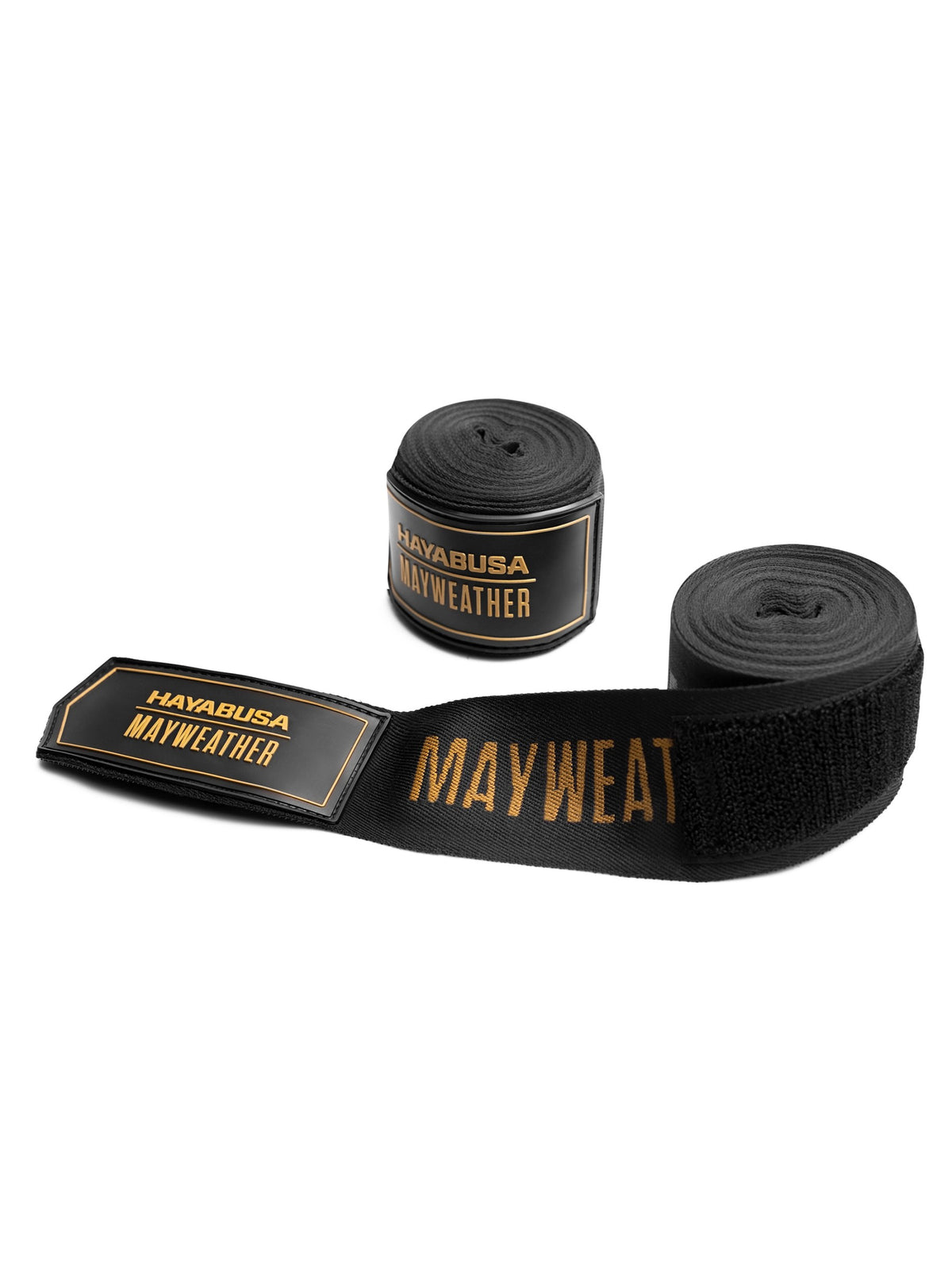 Mayweather 180" Deluxe Hand Wraps, black/gold, feature graphic