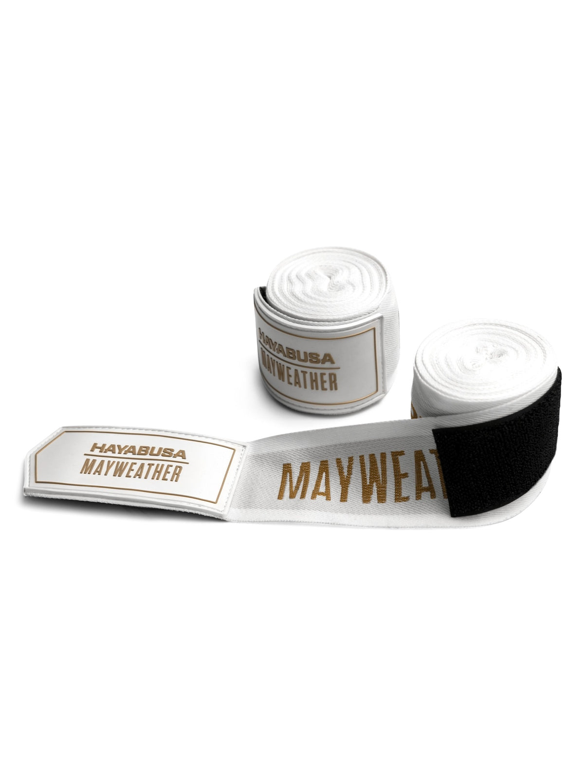 Mayweather 180" Deluxe Hand Wraps, white/gold, feature graphic