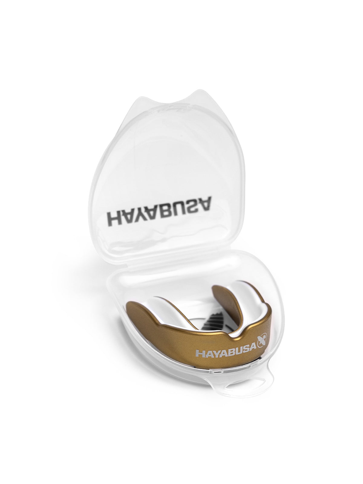 Hayabusa Combat Mouth Guard, gold/white, feature graphic