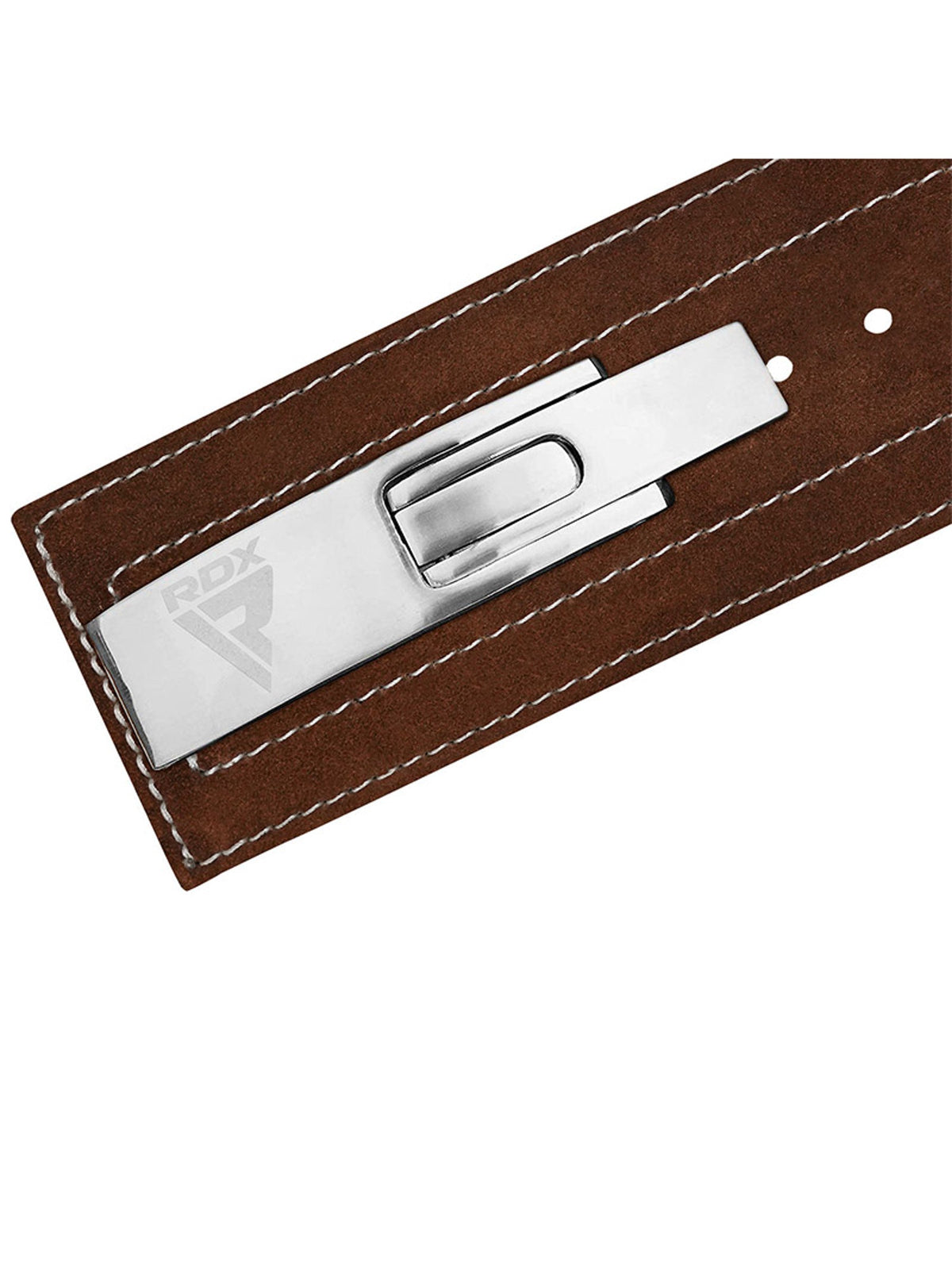 RDX 4 Inch IPL/USPA Approved Powerlifting Leather Gym Belt - brown Nubuck lever belt, lever buckle close-up
