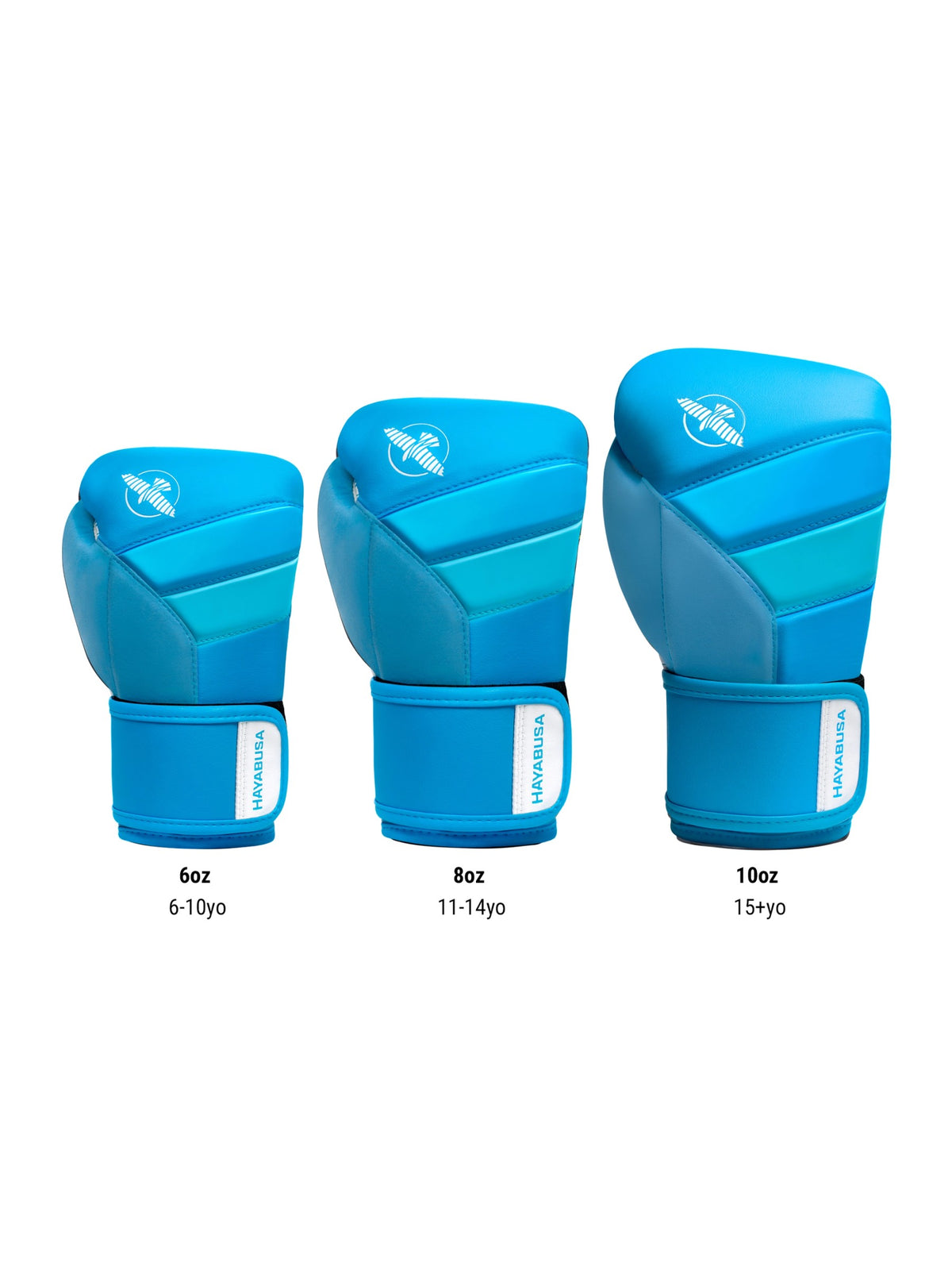 Hayabusa T3 Kids Boxing Gloves, neon blue, size chart