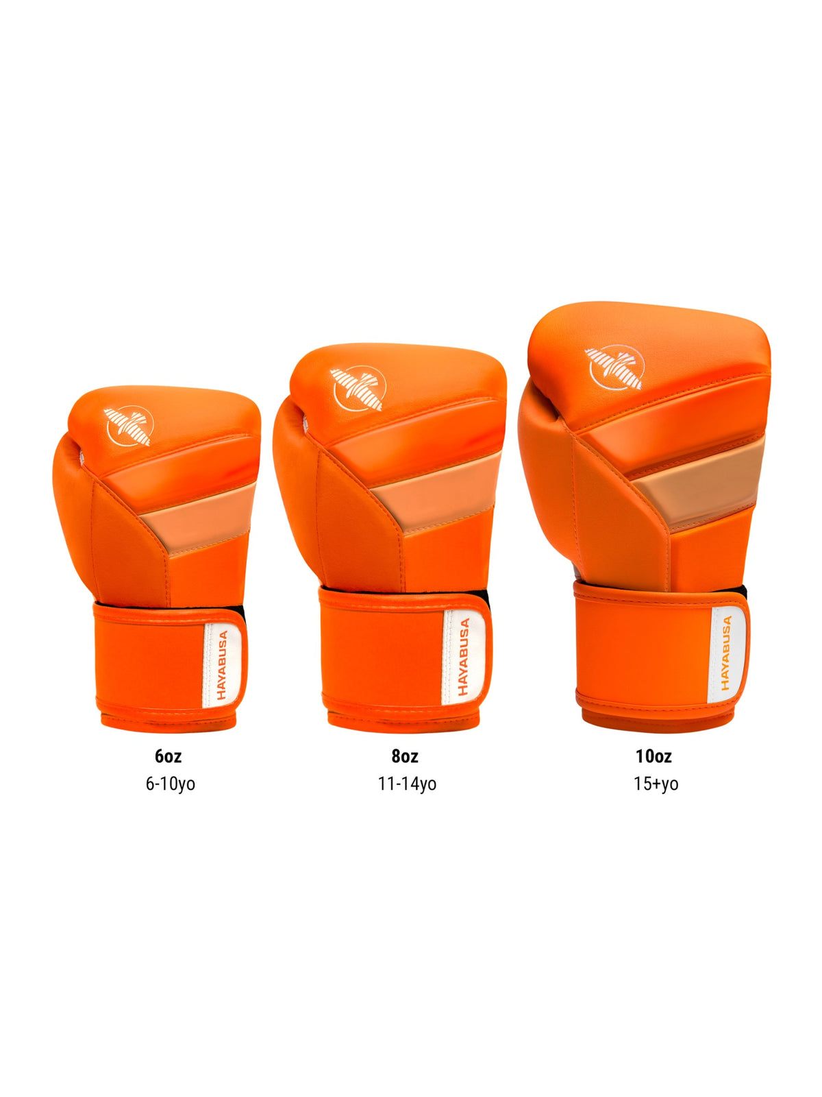 Hayabusa T3 Kids Boxing Gloves, neon orange, size chart