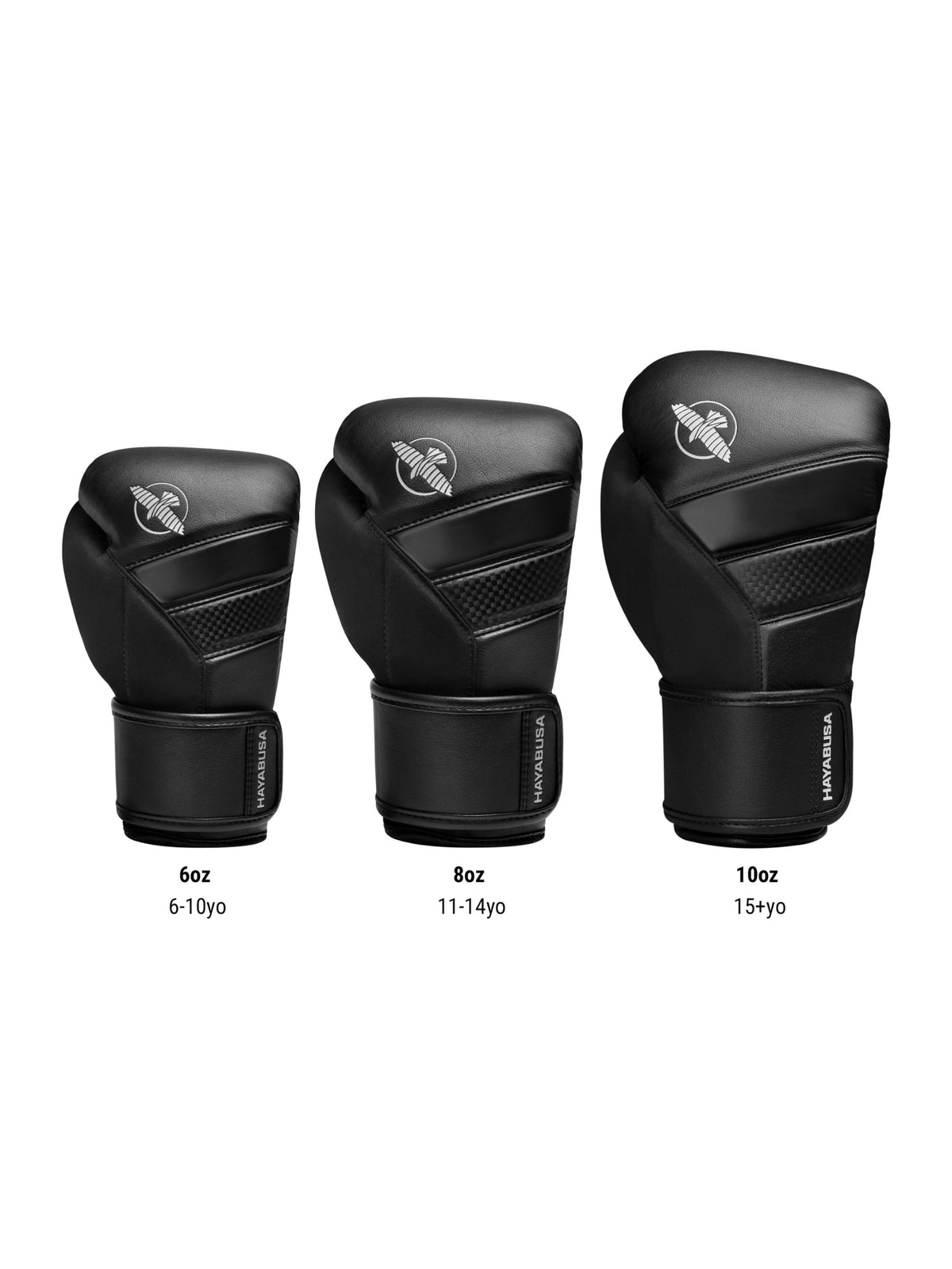 Hayabusa T3 Kids Boxing Gloves, black, size chart