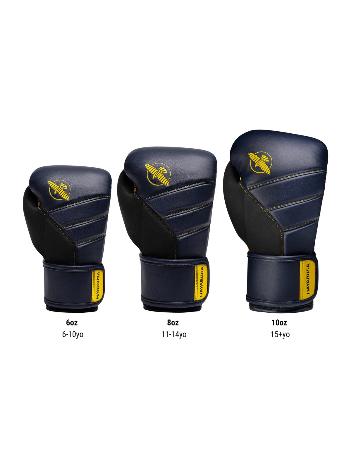 Hayabusa T3 Kids Boxing Gloves, navy/yellow, size chart