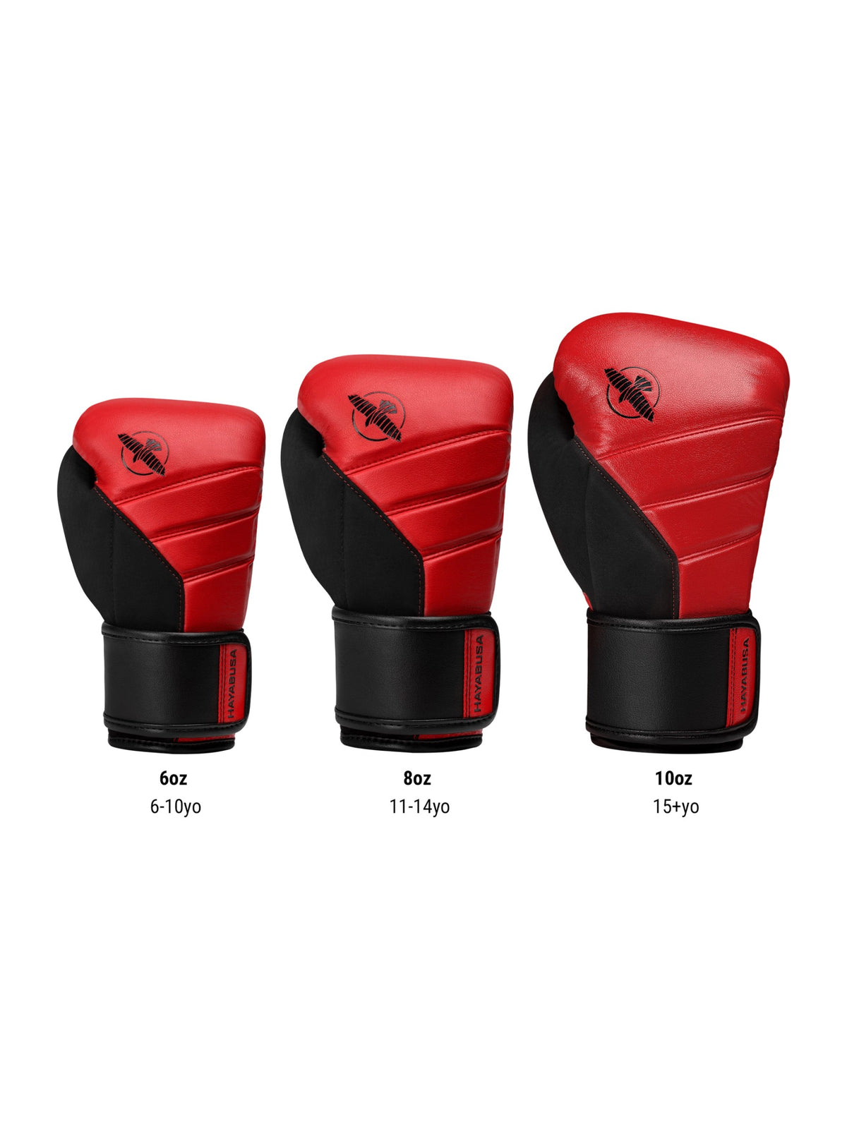 Hayabusa T3 Kids Boxing Gloves, red/black, size chart