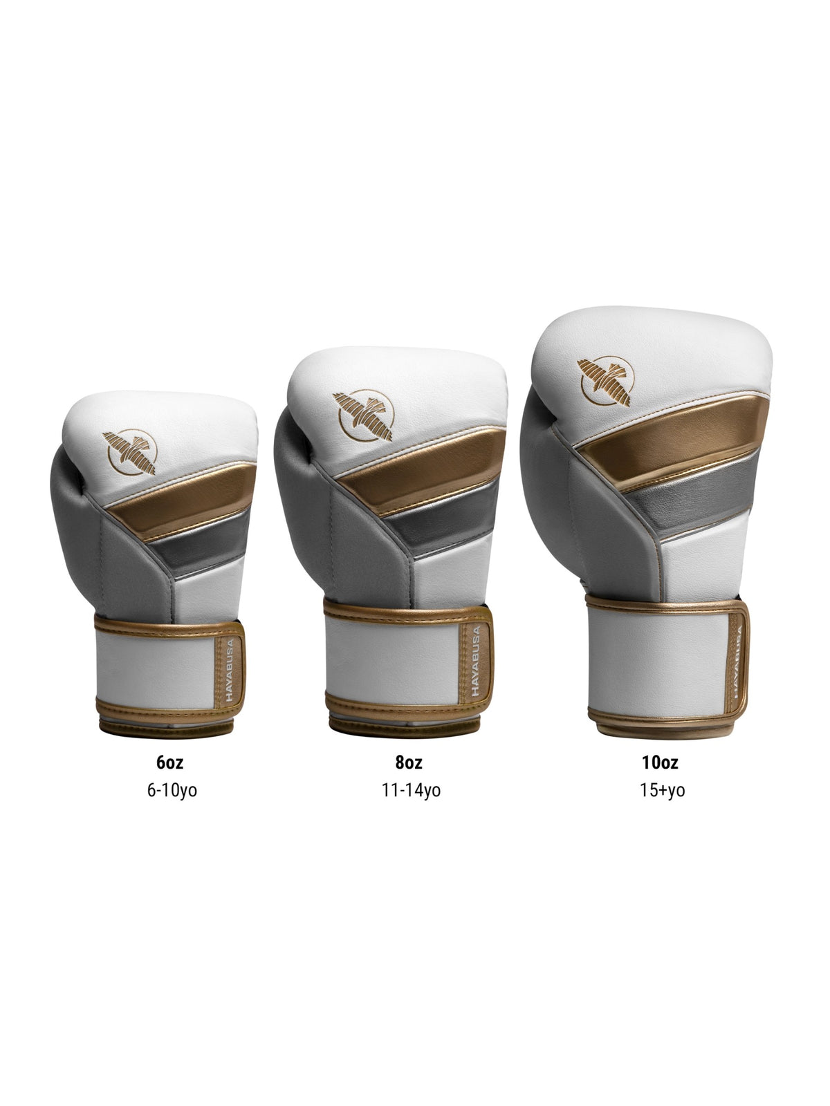 Hayabusa T3 Kids Boxing Gloves, white/gold, size chart