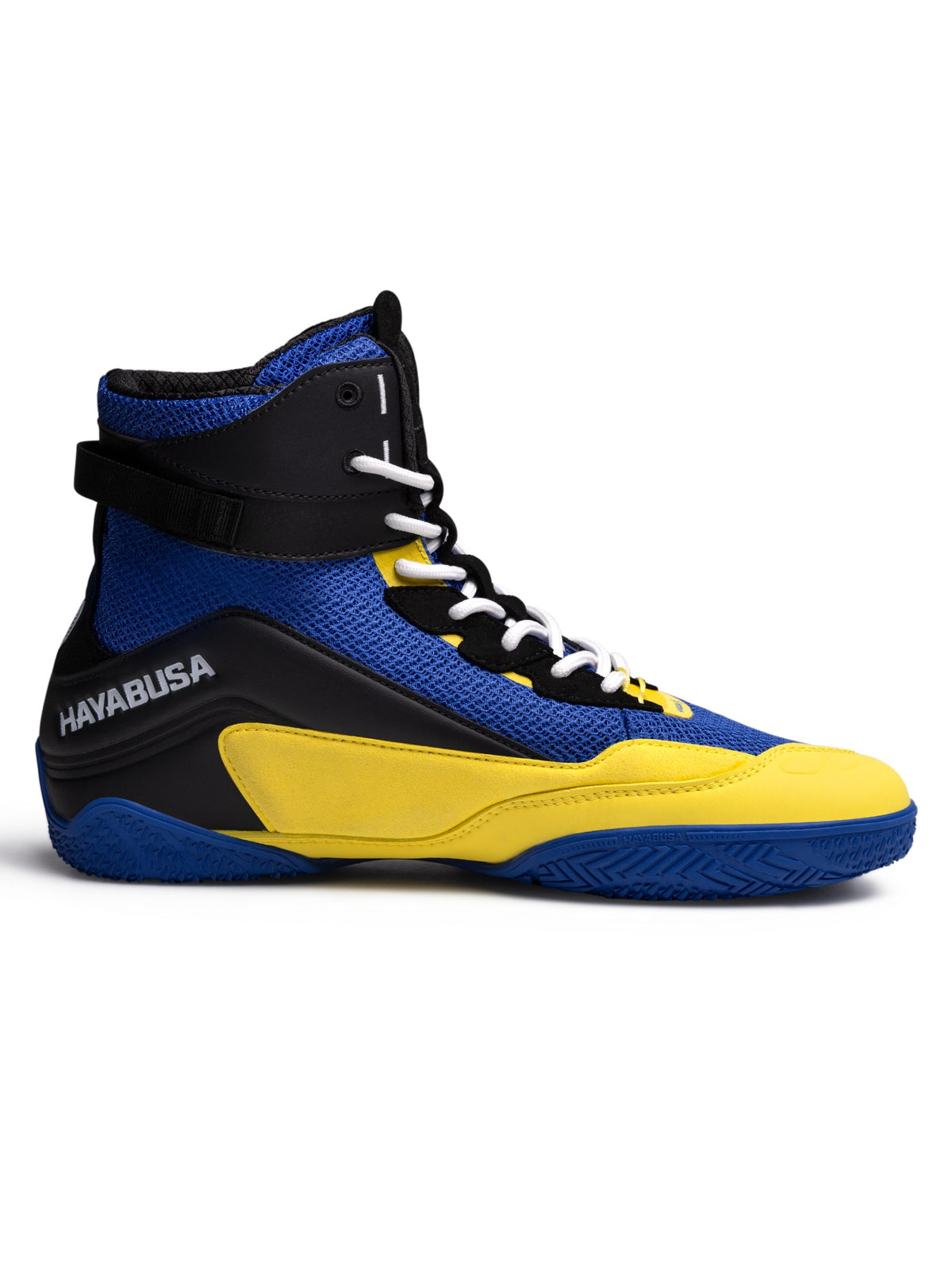 Hayabusa Talon Boxing Shoes – Blue/Yellow Side View