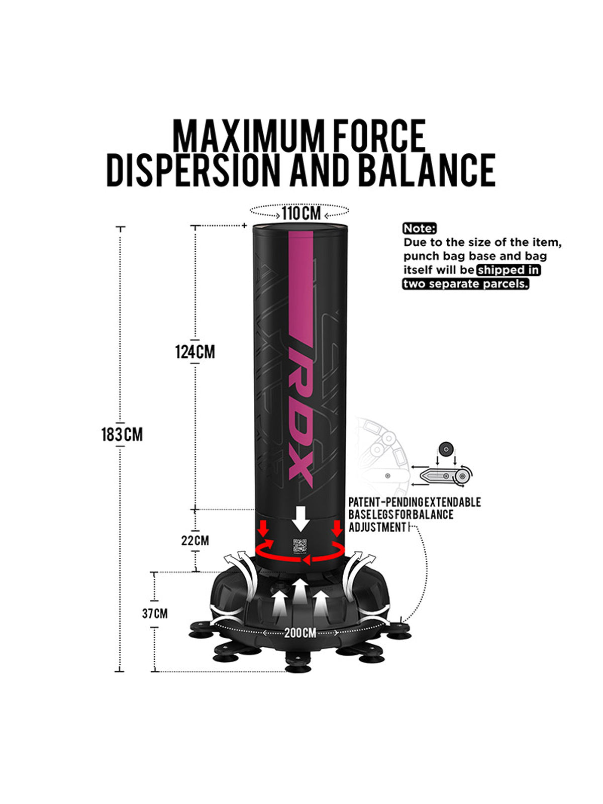 RDX F6 Kara 6ft free-standing punch bag, pink, maximum force dispersion and balance dimension chart