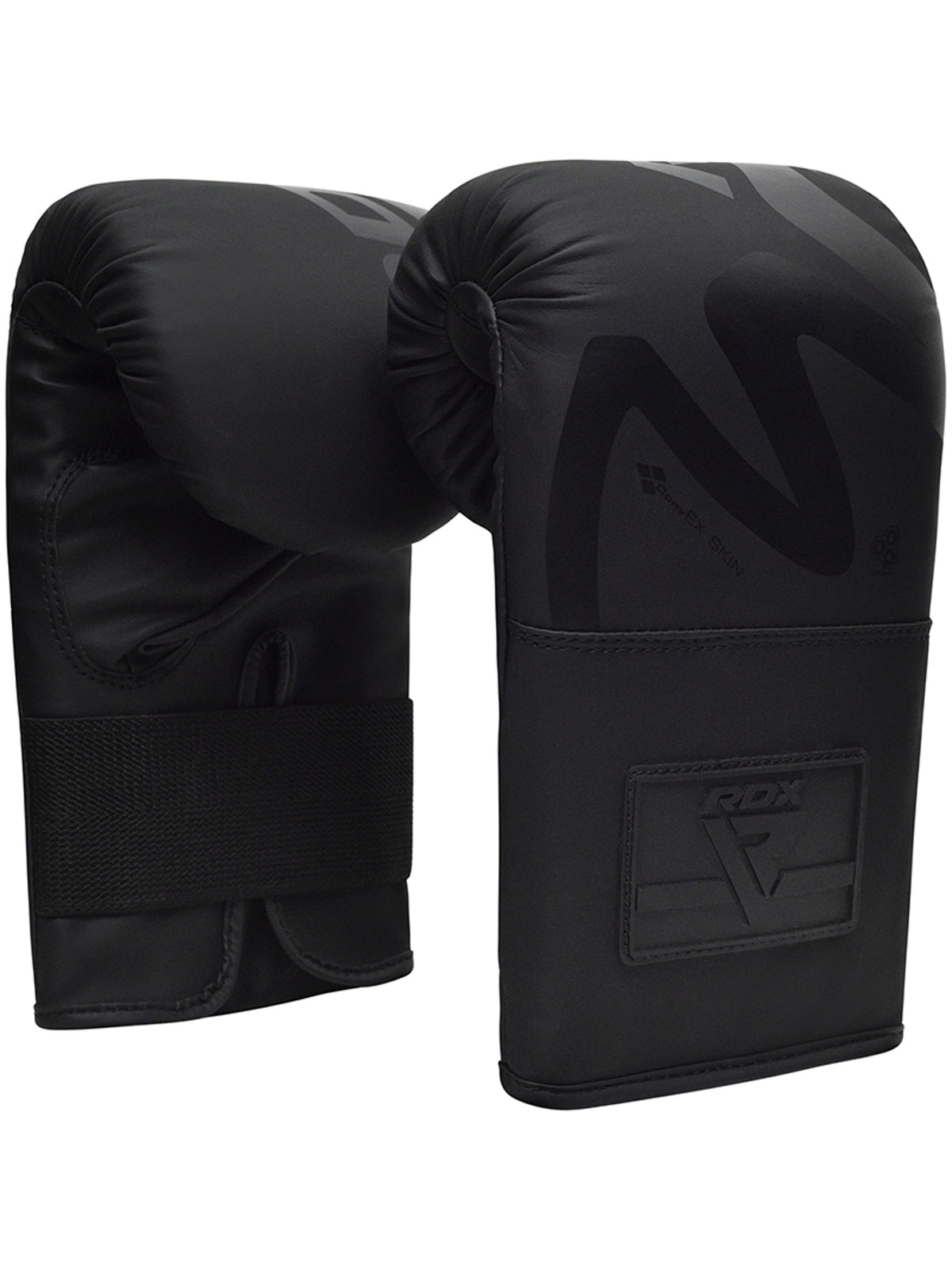 RDX F15 Noir Bag Gloves 4oz, black, pair standing upright, knuckle side