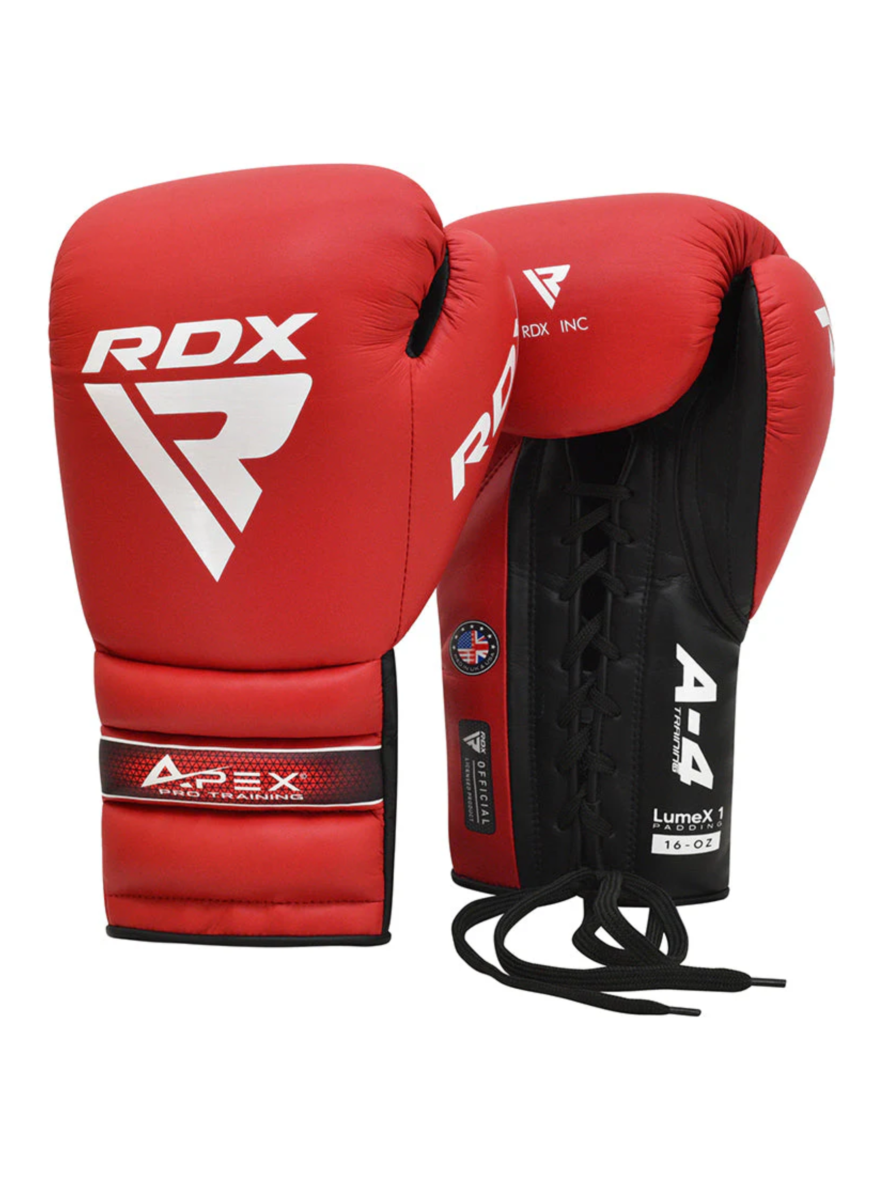 RDX APEX Lace Up Training Sparring Boxing Gloves Red Blue - front view
