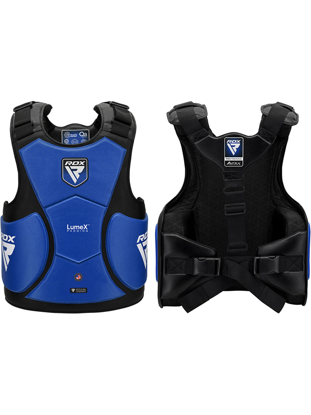 RDX APEX Coach Body Protector, blue, front and back views side by side