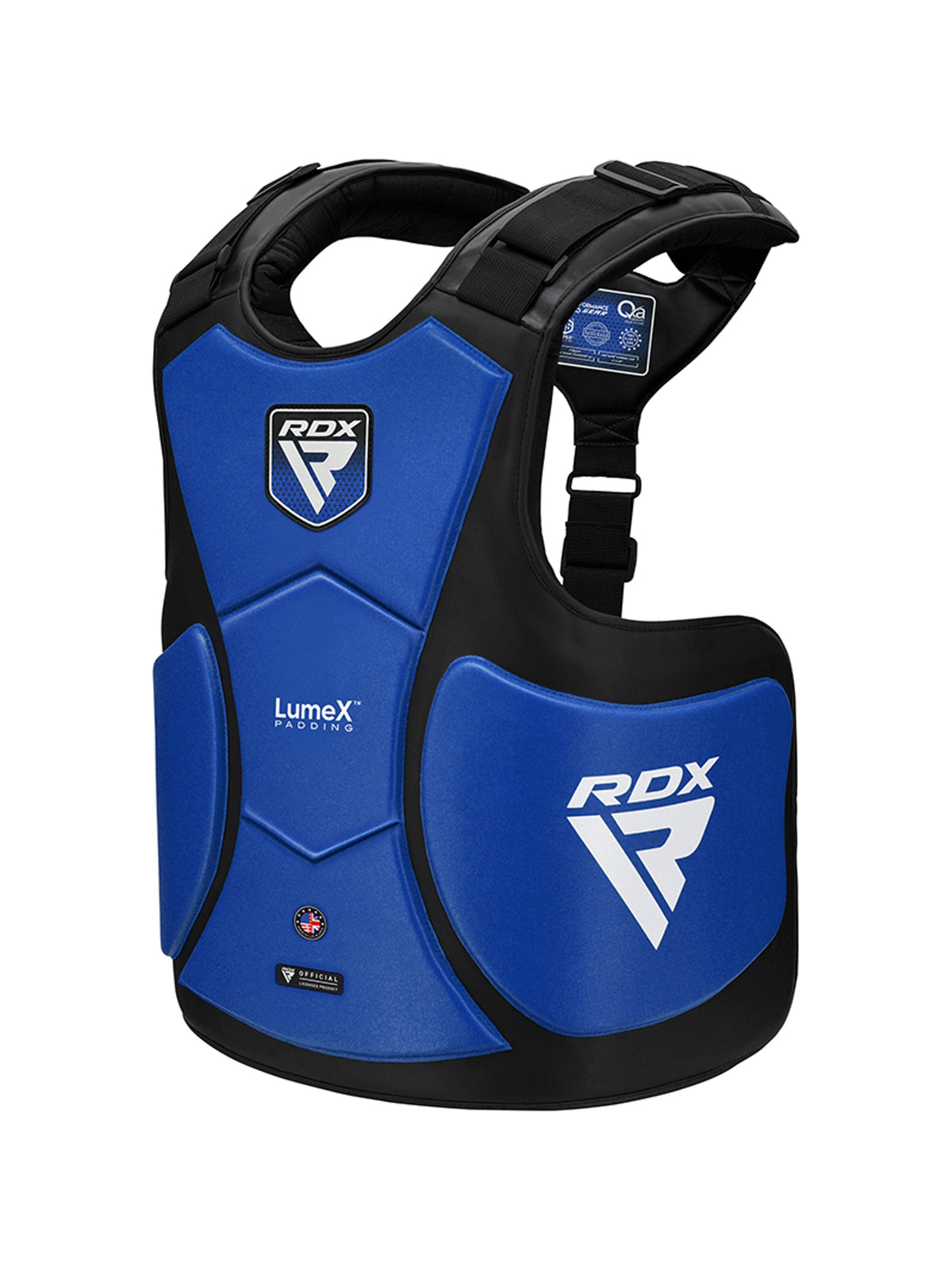 RDX APEX Coach Body Protector, blue, front angled view