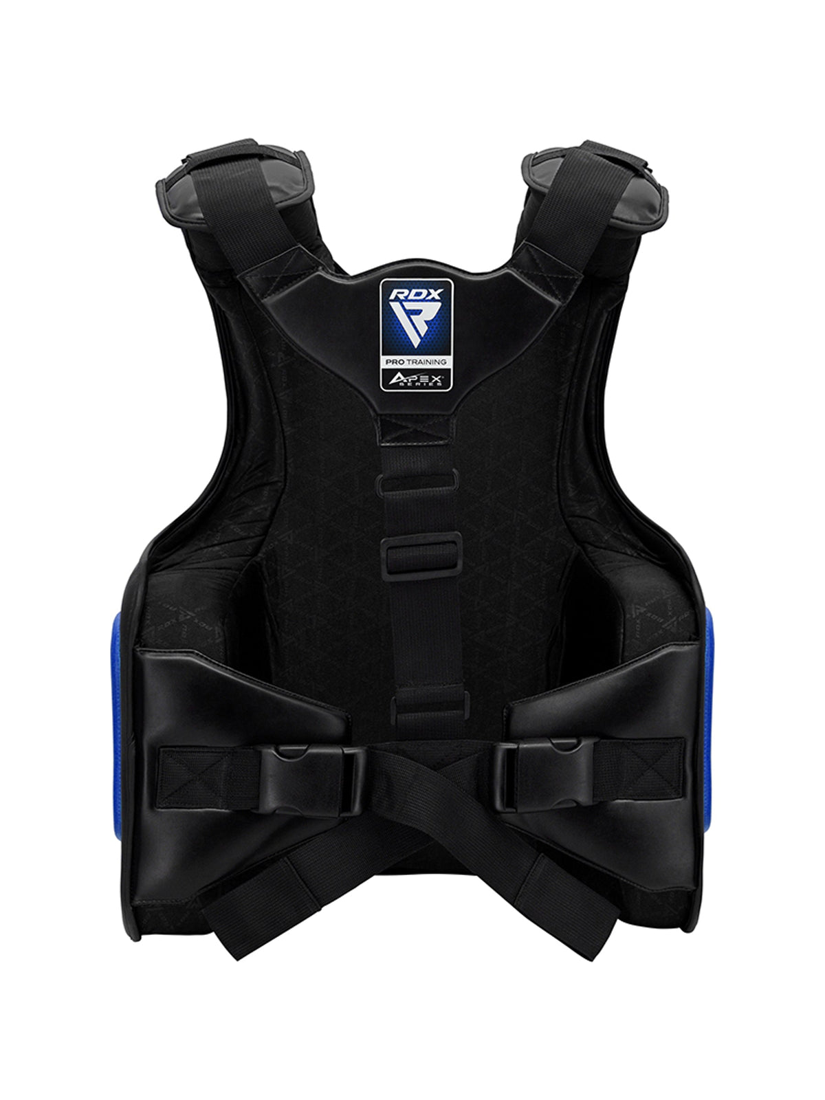 RDX APEX Coach Body Protector, blue, back view showing strap harness