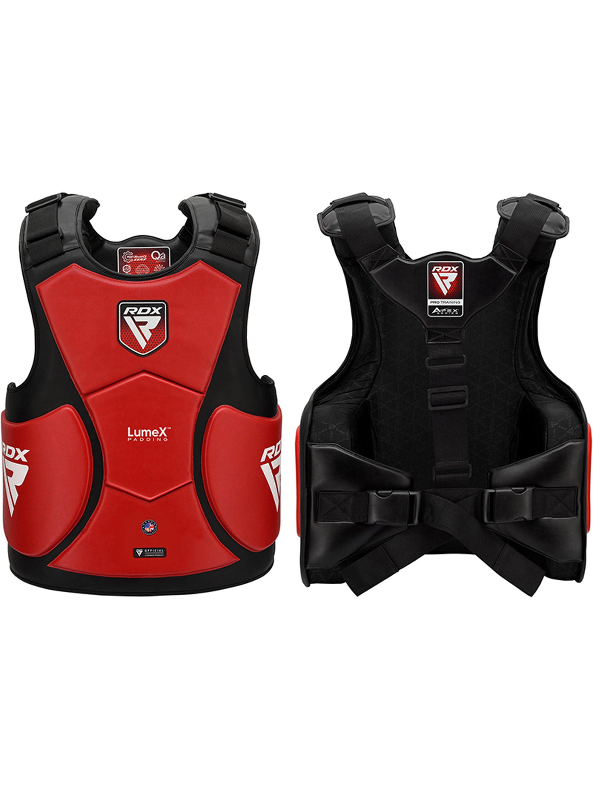 RDX APEX Coach Body Protector, red, front and back views side by side