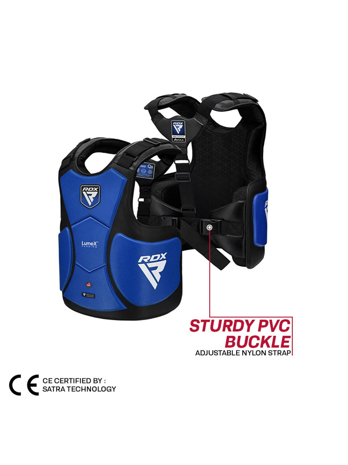 RDX APEX Coach Body Protector feature graphic, blue, sturdy PVC buckle, with CE certification mark
