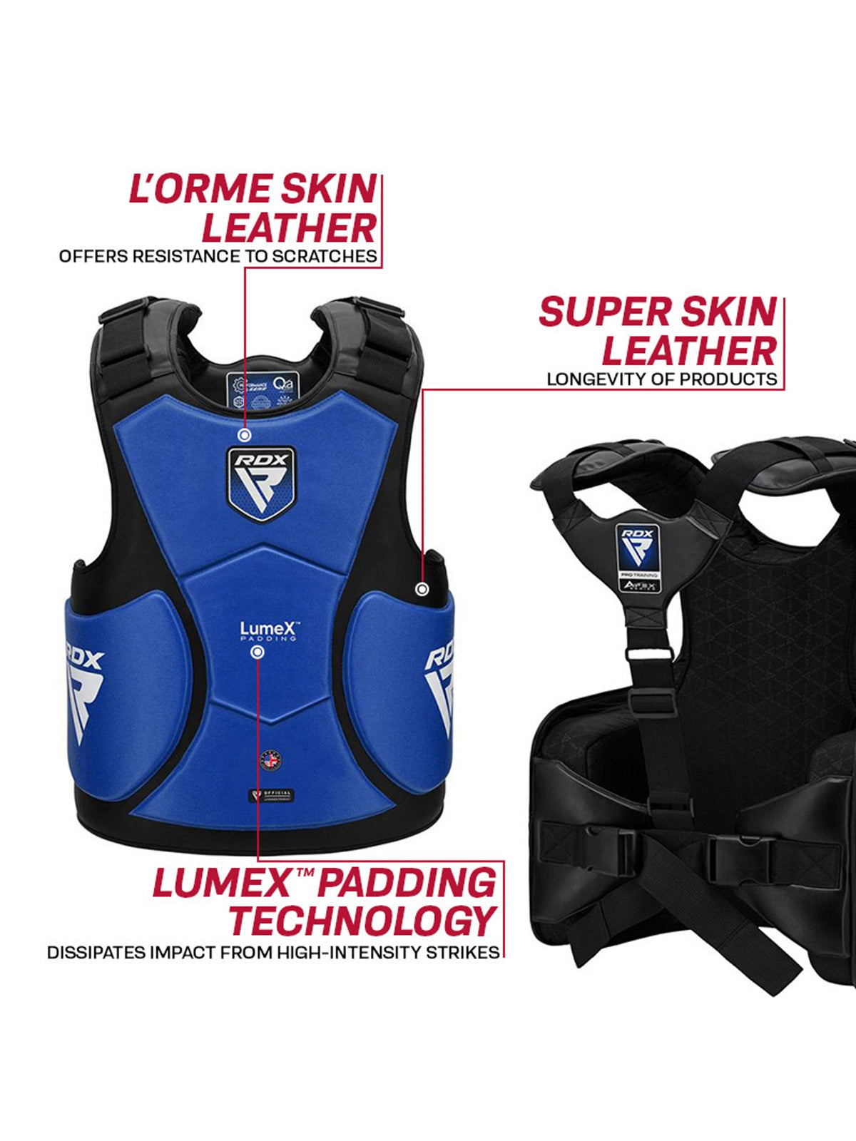 RDX APEX Coach Body Protector feature graphic, blue, L'orme Skin leather, Super Skin leather and LumeX padding technology