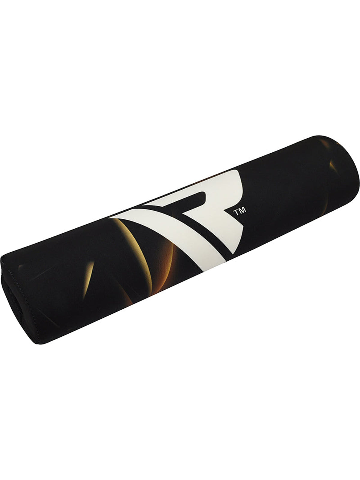 RDX B2 barbell pad in black with gold sublimation, rolled, front studio view