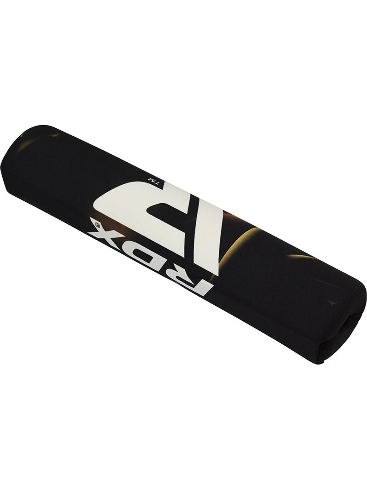 RDX B2 barbell pad, black, rolled, close view of the gold sublimation graphic