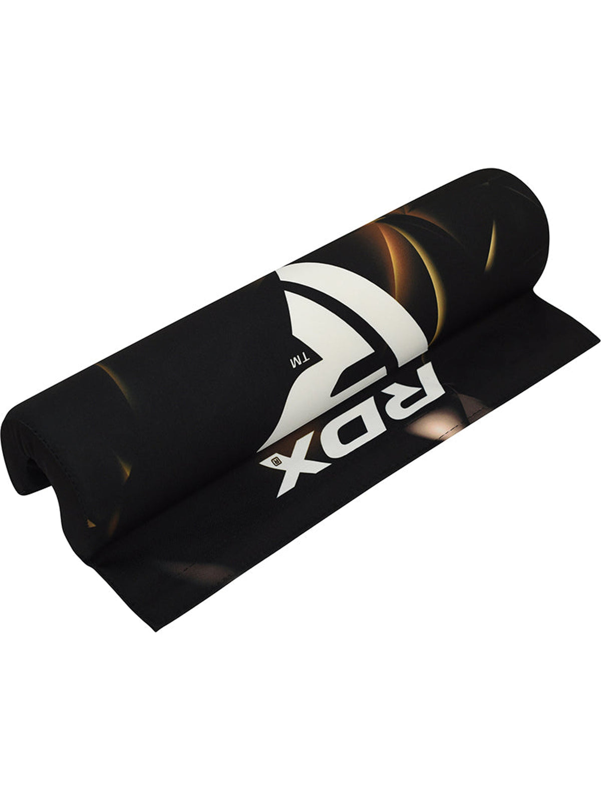 RDX B2 barbell pad, black, partially unrolled, angled side view