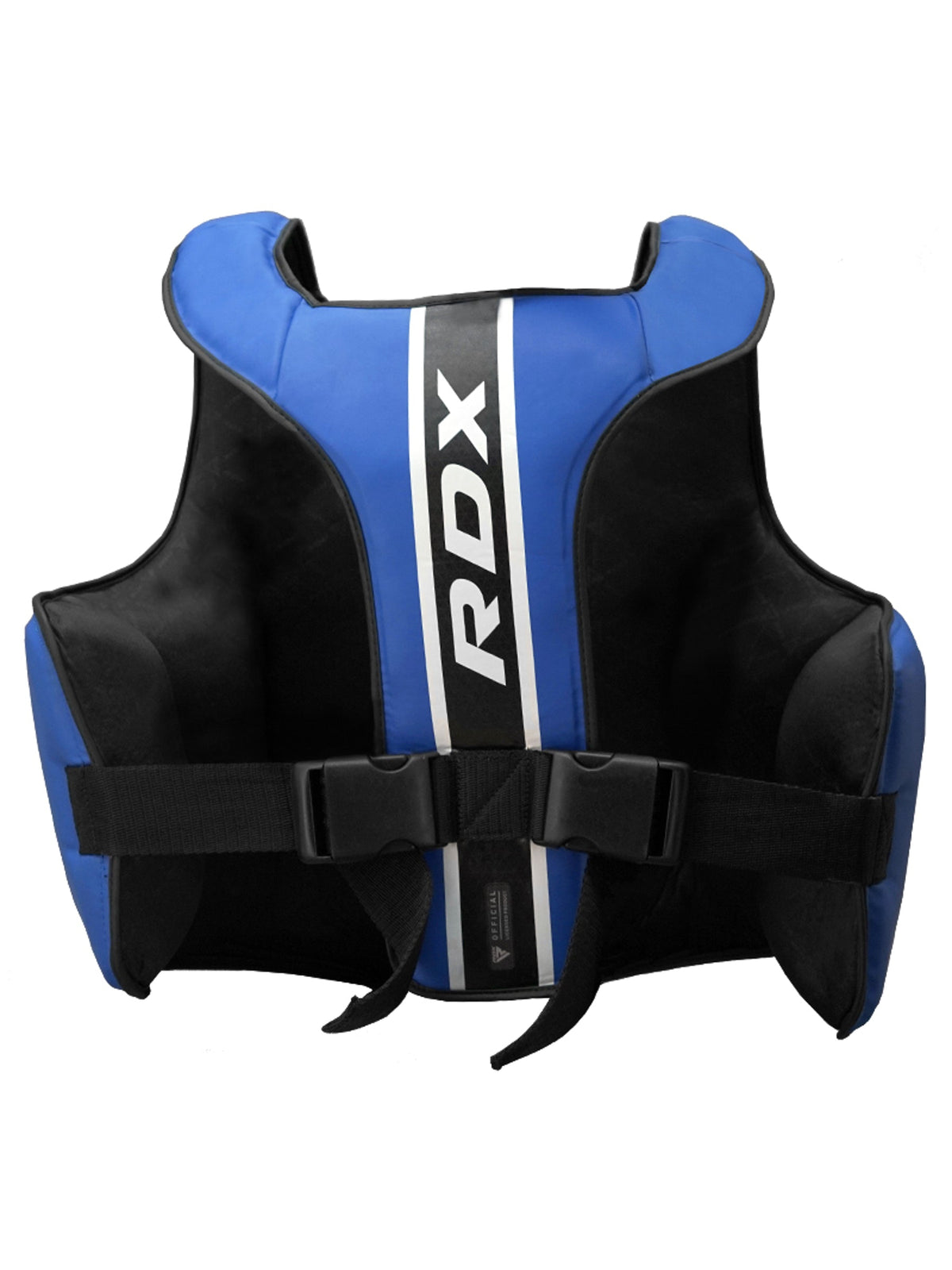 RDX Aura Plus T-17 Chest Guard, blue and black, back view with adjustable straps