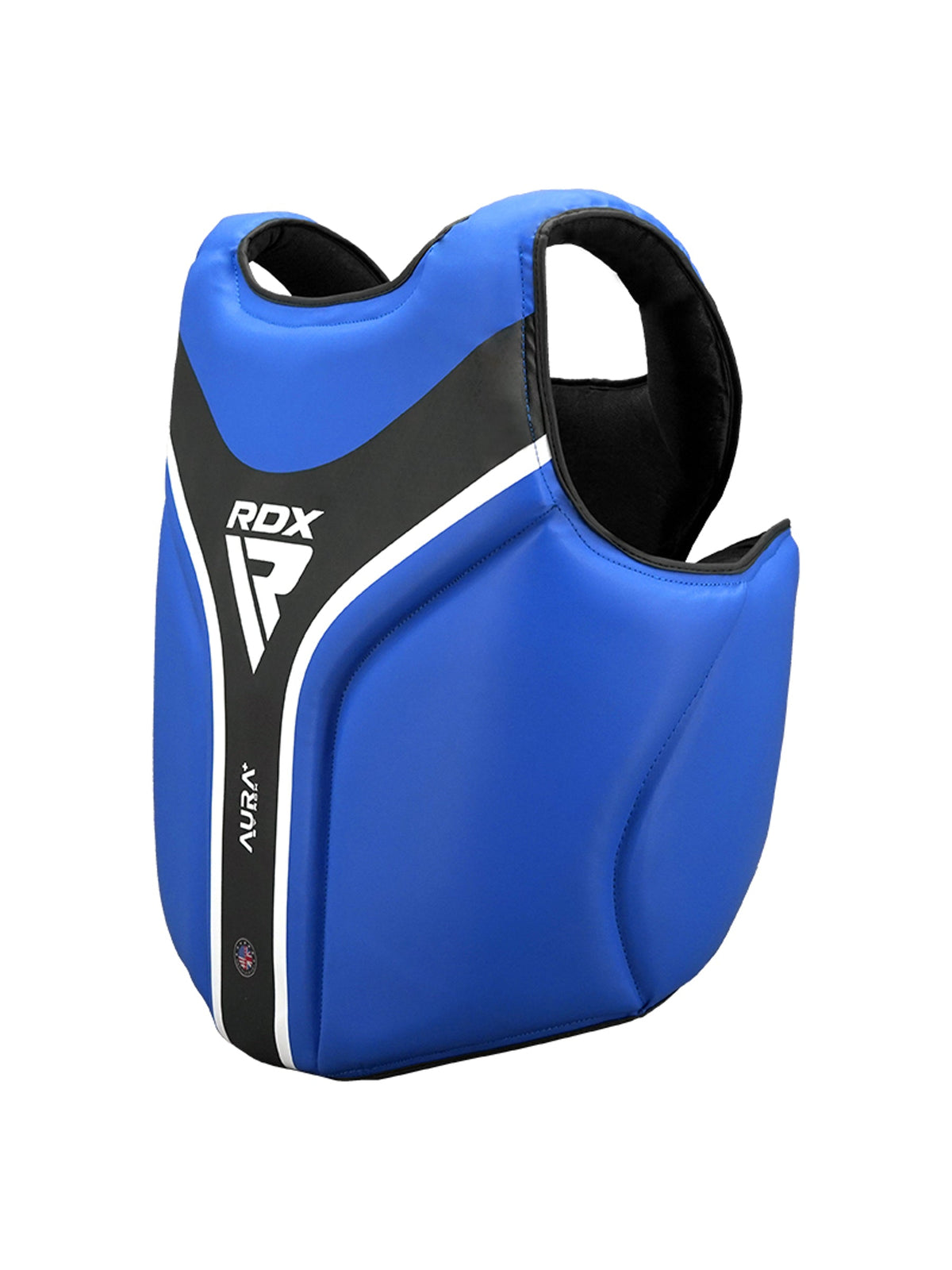RDX Aura Plus T-17 Chest Guard, blue and black, angled front view