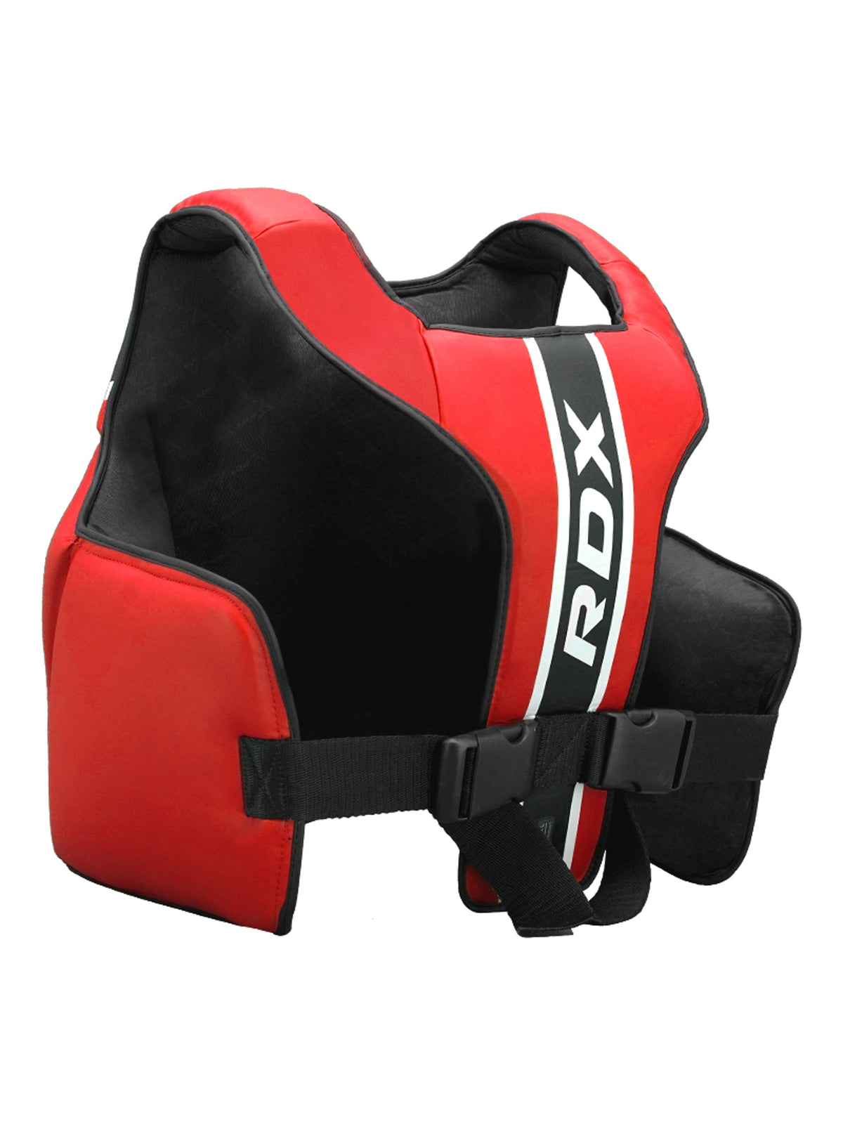 RDX Aura Plus T-17 Chest Guard, red and black, angled front view
