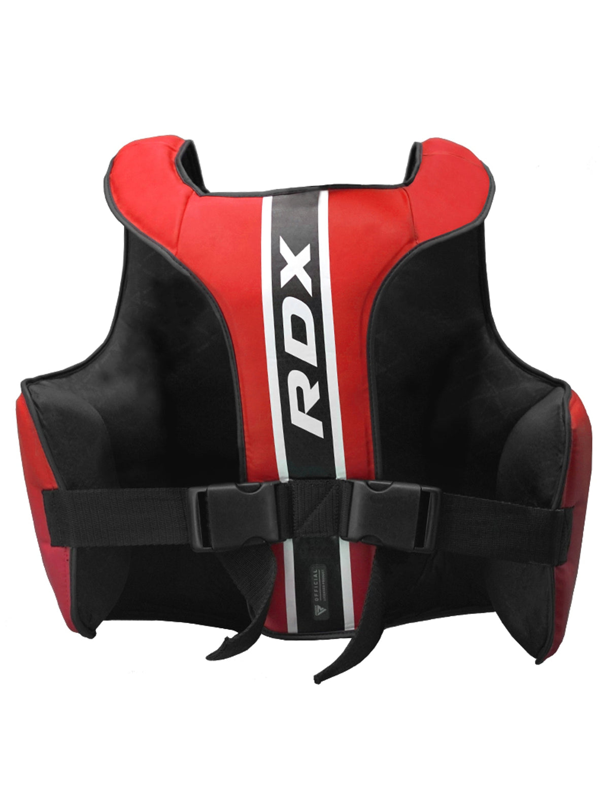 RDX Aura Plus T-17 Chest Guard, red and black, back view with adjustable straps