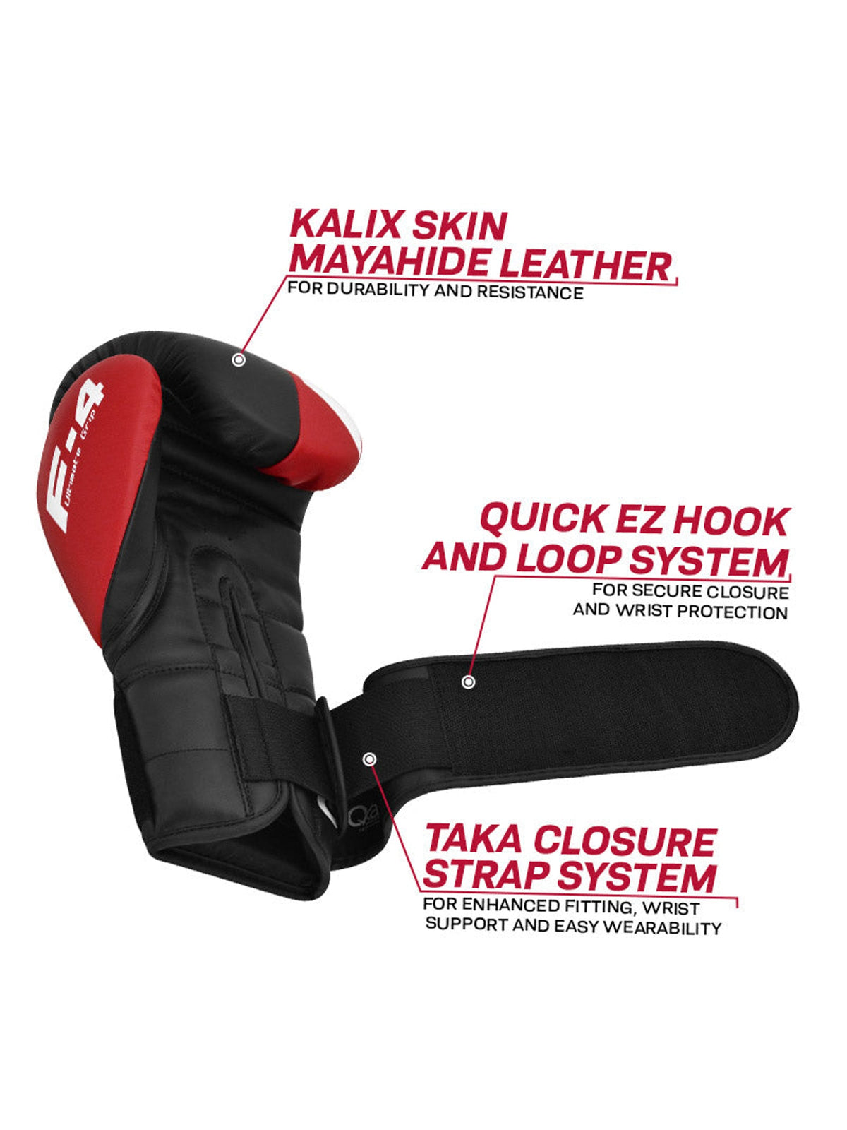 RDX F4 Boxing Sparring Gloves Hook & Loop, feature callouts: Kalix Skin Maya Hide leather, Quick EZ hook and loop, TAKA closure strap