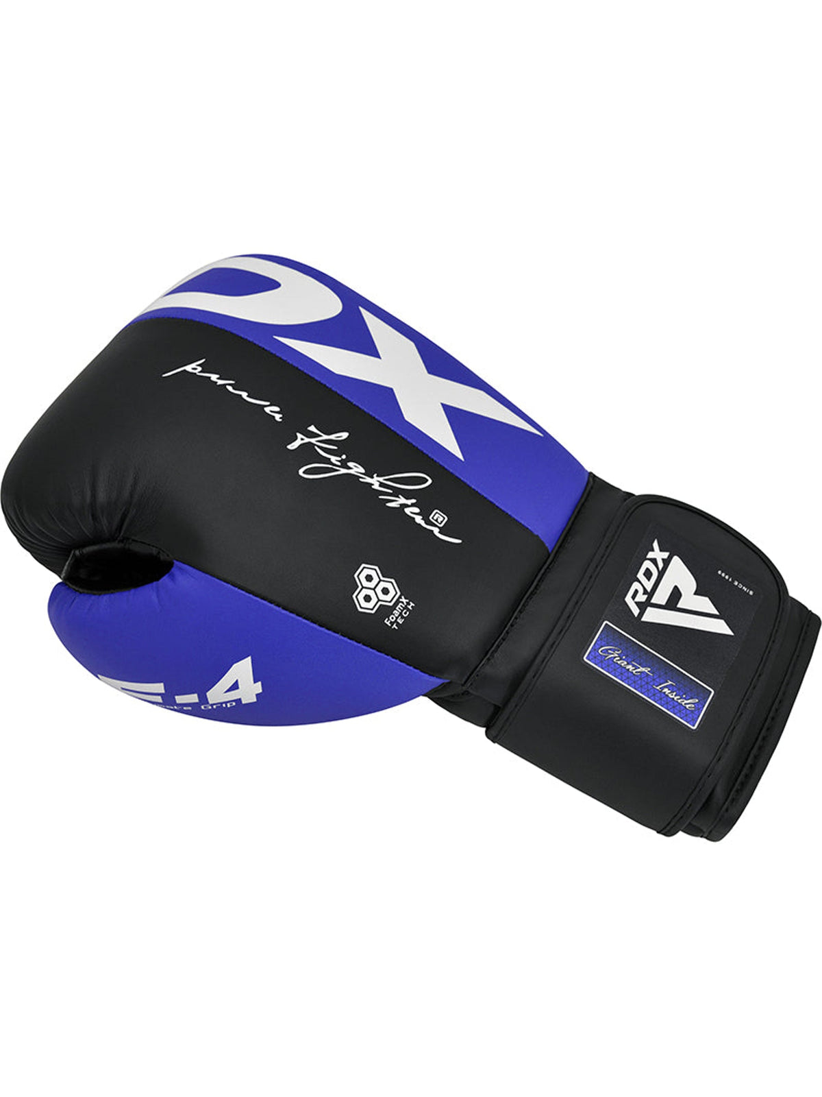 RDX F4 Boxing Sparring Gloves Hook & Loop, blue/black, side view