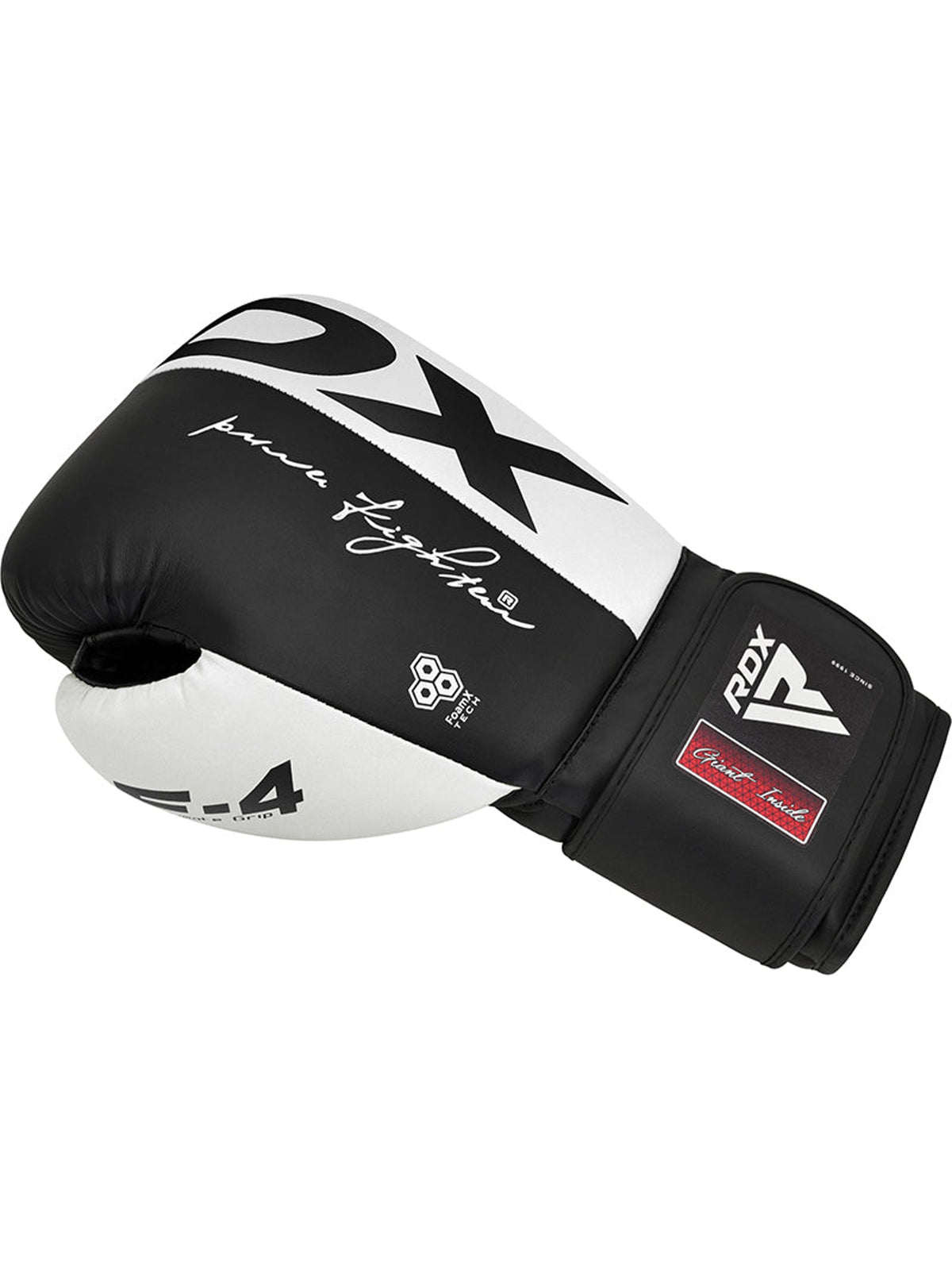 RDX F4 Boxing Sparring Gloves Hook & Loop, white/black, side view