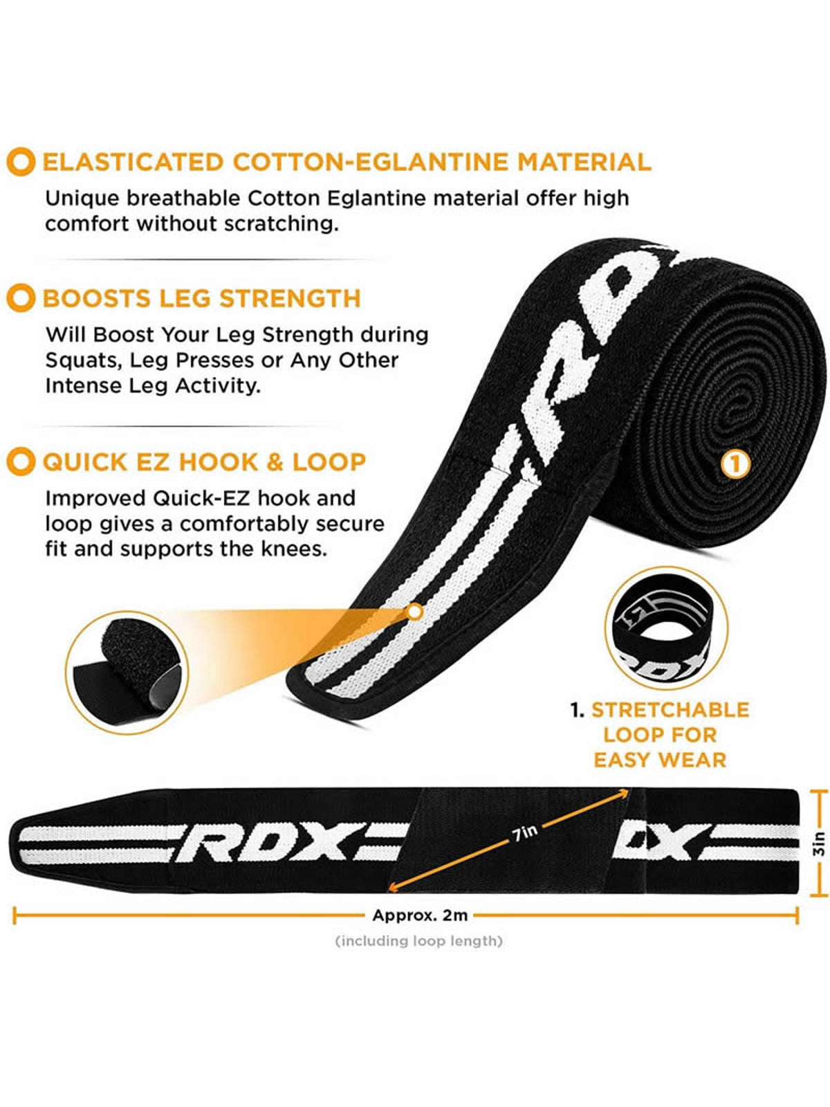 RDX K2 Compression Knee Wraps OEKO-TEX Standard 100 certified, black, feature graphic