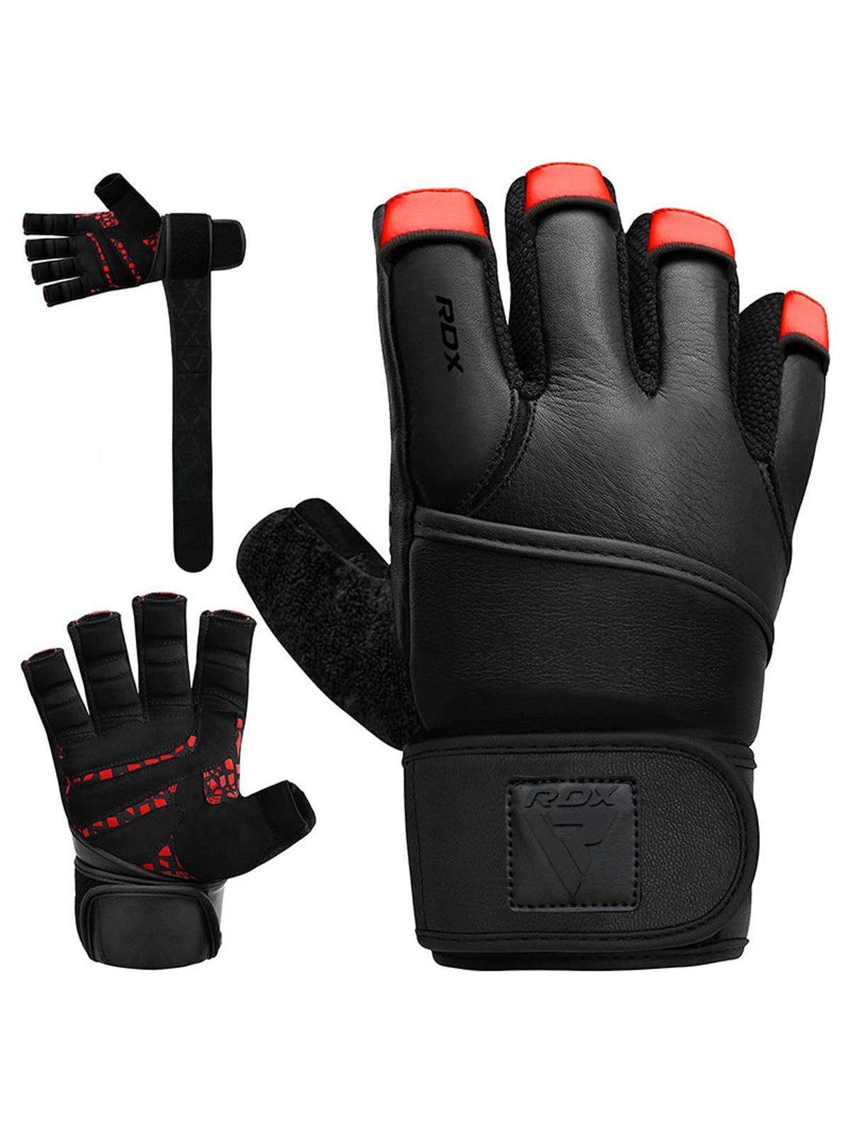 RDX L7 Weight Lifting Leather Gym Gloves - Red/Black