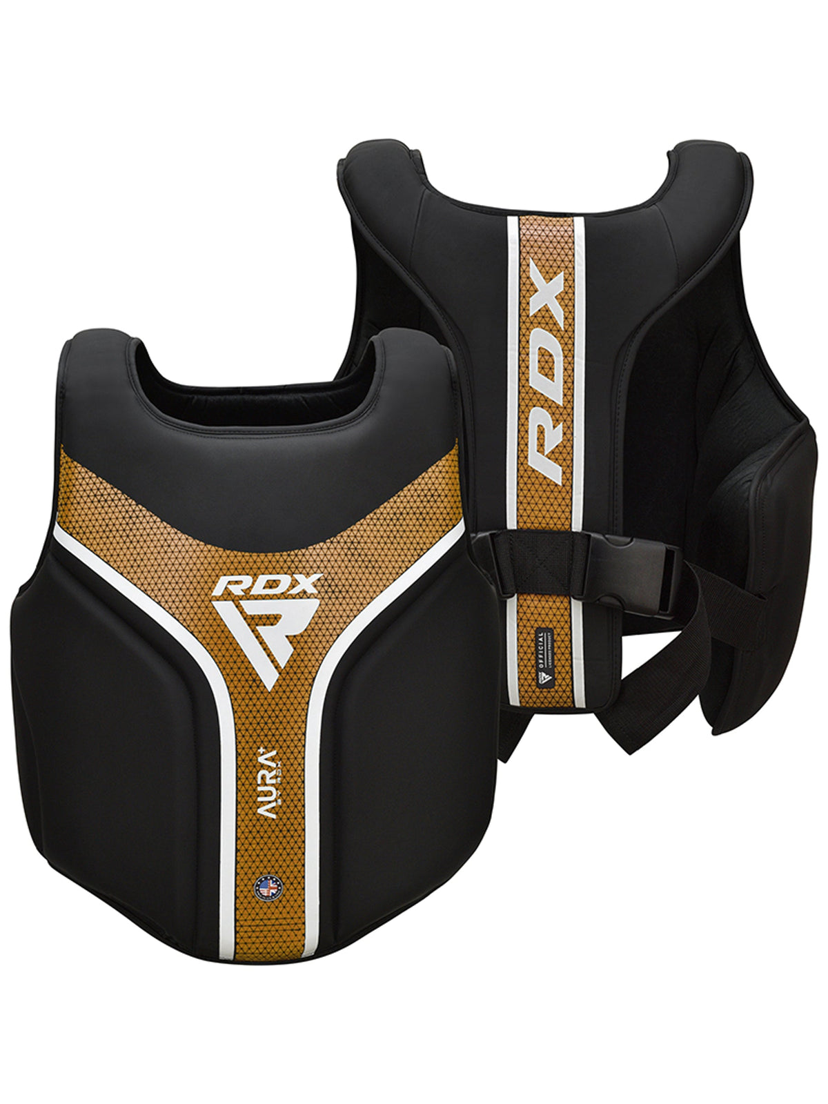 RDX Aura Plus T-17 Chest Guard, black and gold, angled front view