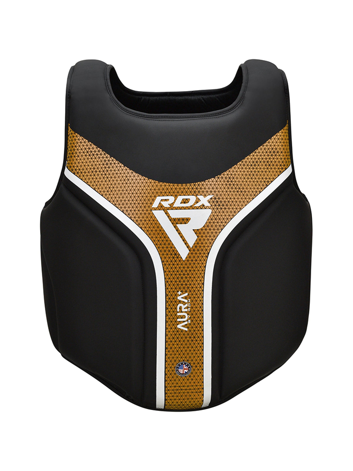 RDX Aura Plus T-17 Chest Guard, black and gold, front view
