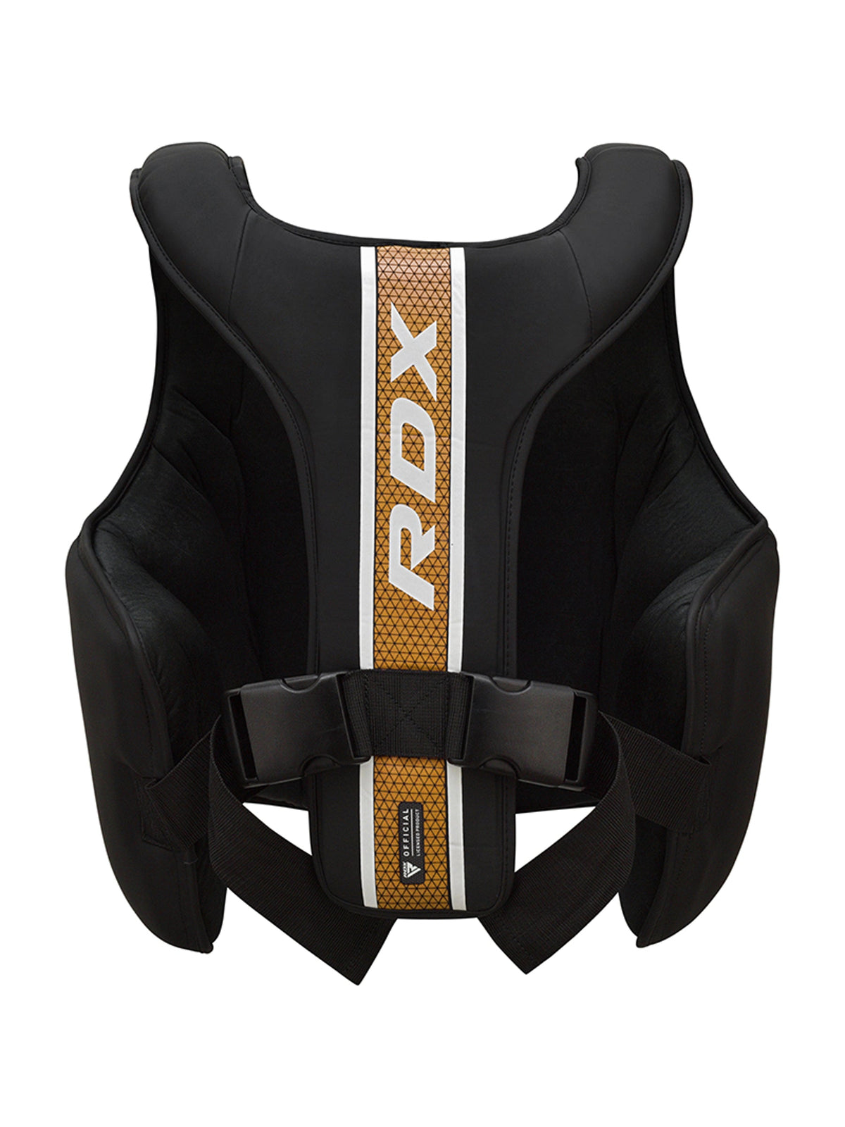 RDX Aura Plus T-17 Chest Guard, black and gold, back view with adjustable straps