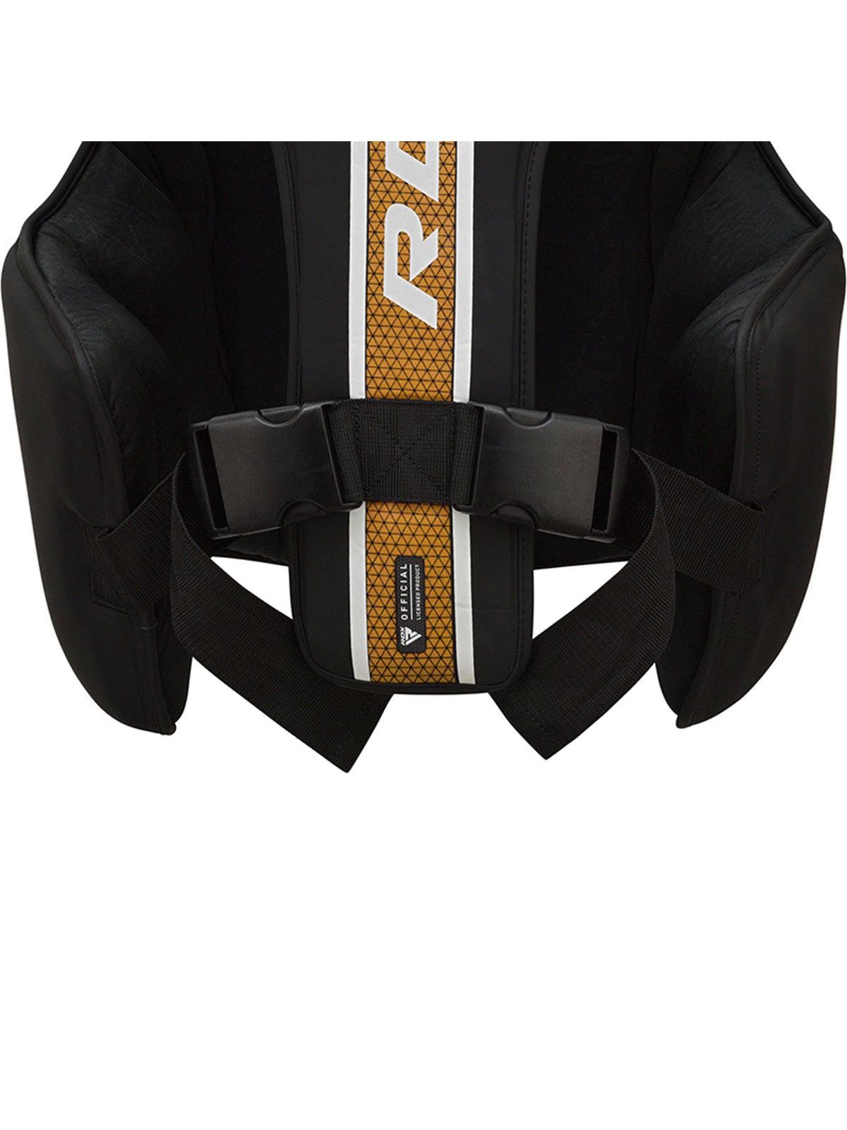 RDX Aura Plus T-17 Chest Guard, black and gold, inside lining and strap detail