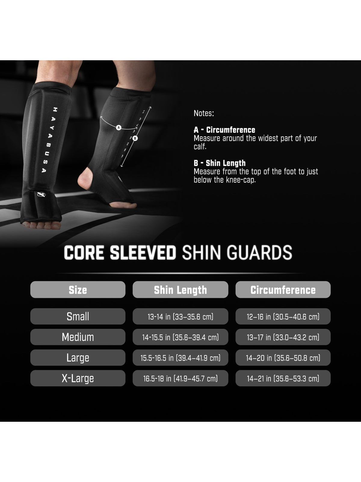 Hayabusa Core Sleeved Shin Guards, black, size chart