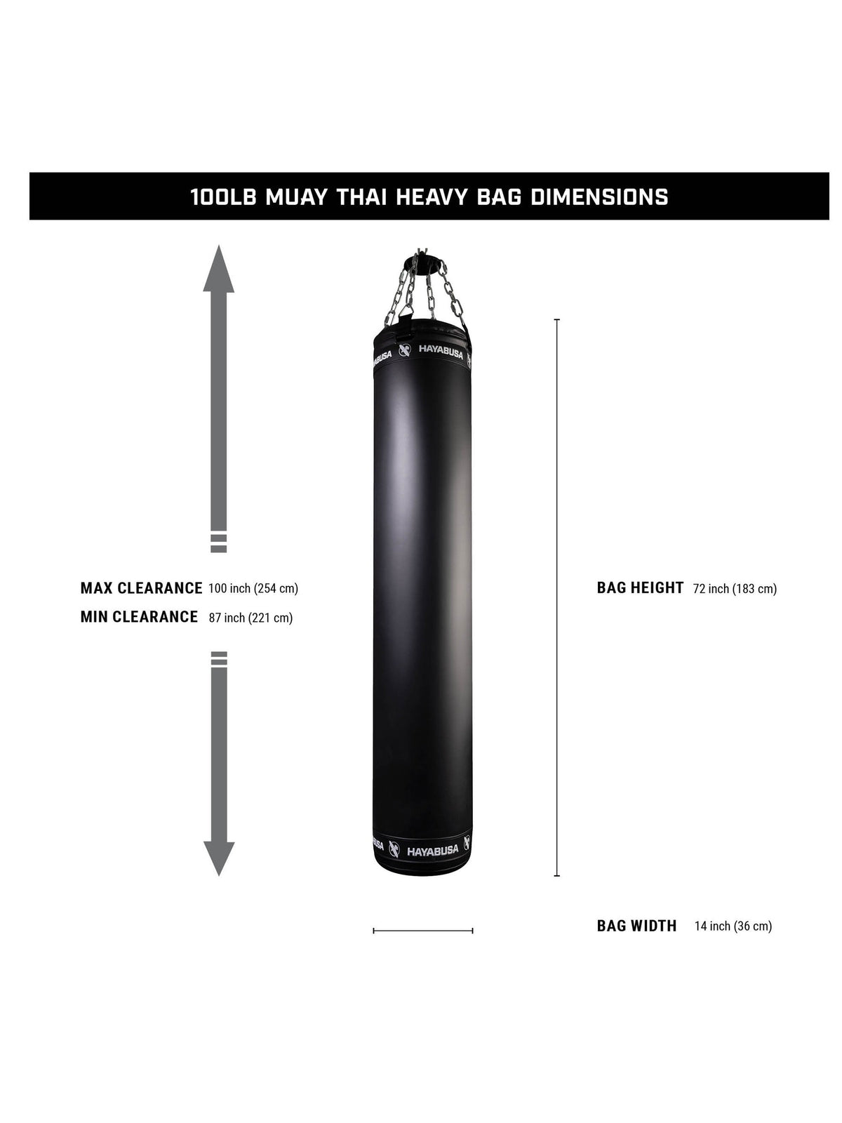 Hayabusa 100lb Muay Thai Heavy Bag, black, size chart