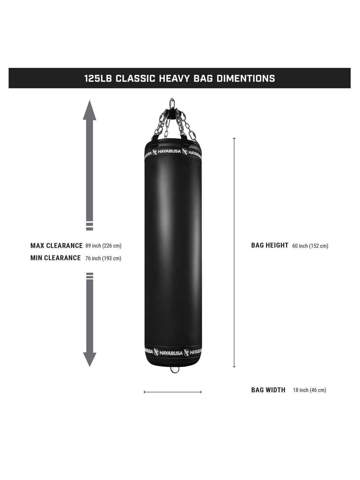 Hayabusa 125lb Classic Heavy Bag, black, size chart