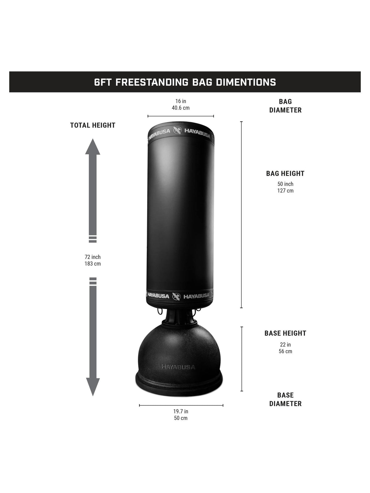 Hayabusa Quick Swap Freestanding Heavy Bag, black, size chart
