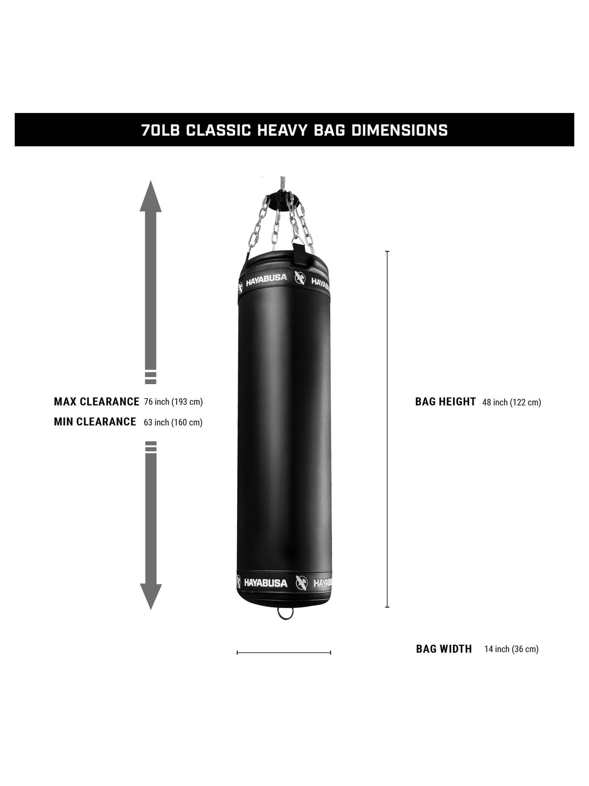 Hayabusa 70lb Classic Heavy Bag, black, size chart
