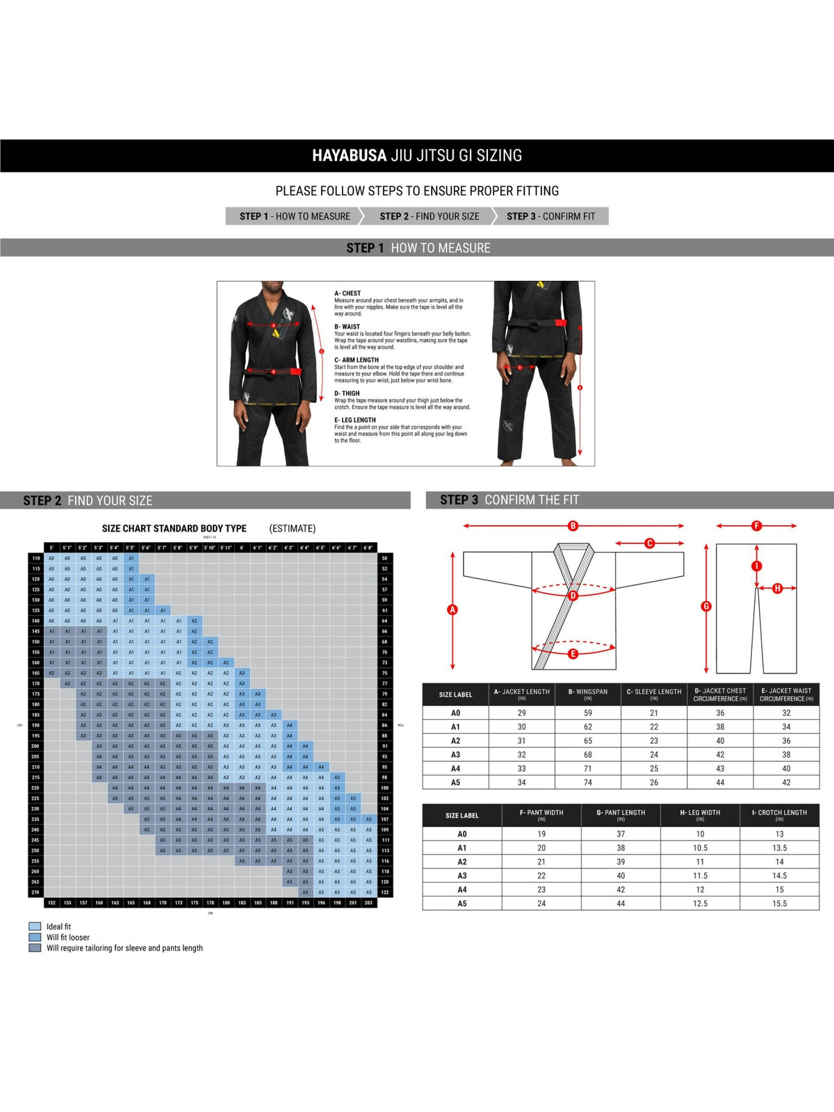 Hayabusa Ascend Lightweight Jiu-Jitsu Gi, size chart