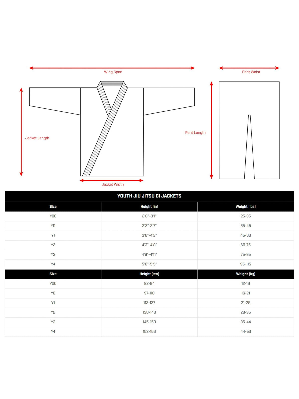Hayabusa Ascend Youth Jiu-Jitsu Gi, size chart