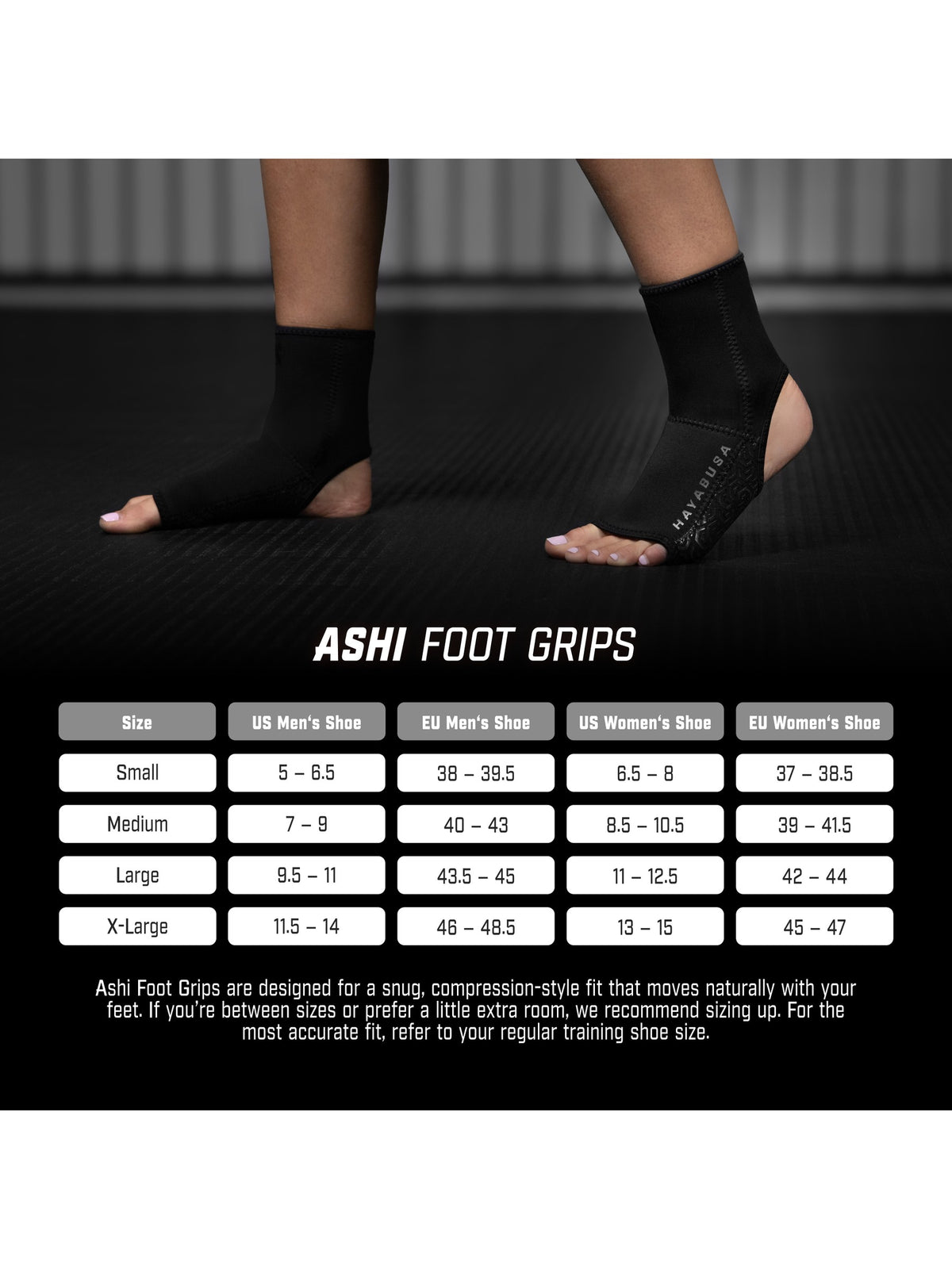 Hayabusa Ashi Foot Grips, black, size chart
