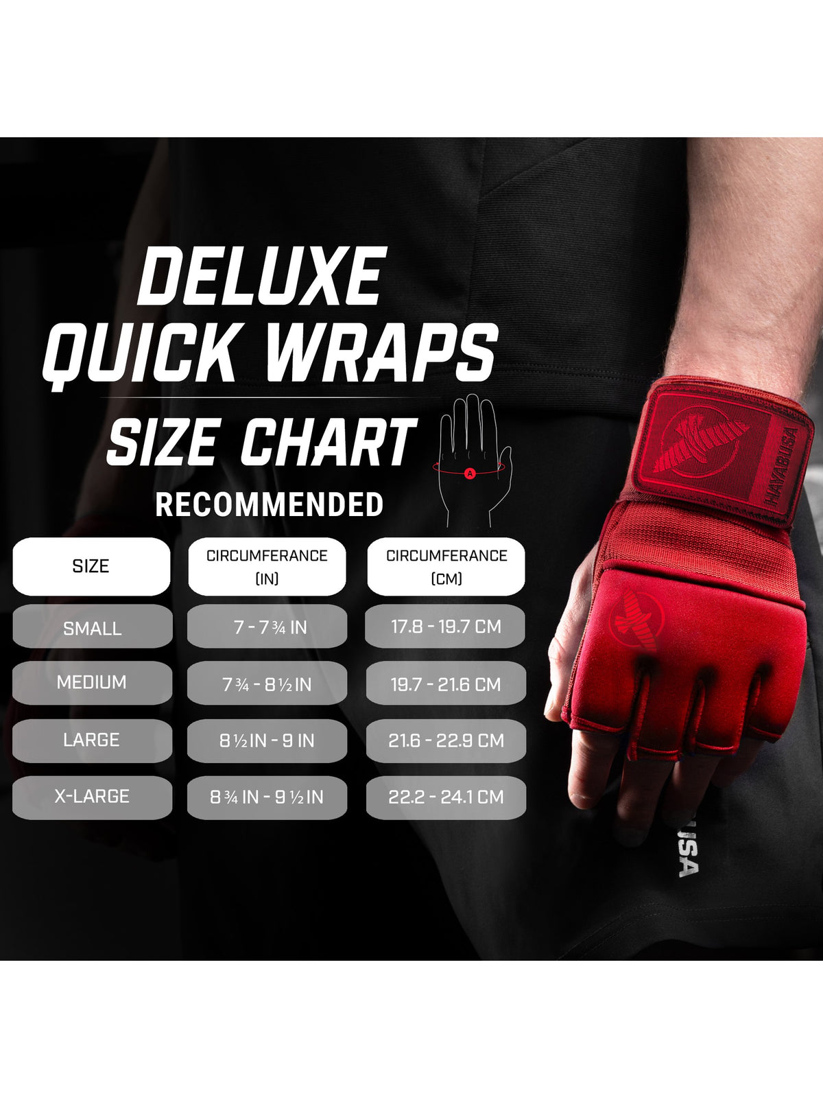 Hayabusa Deluxe Quick Wraps, size chart