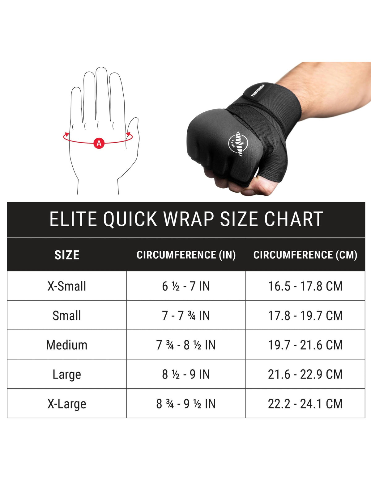 Hayabusa Elite Quick Wraps, black, size chart